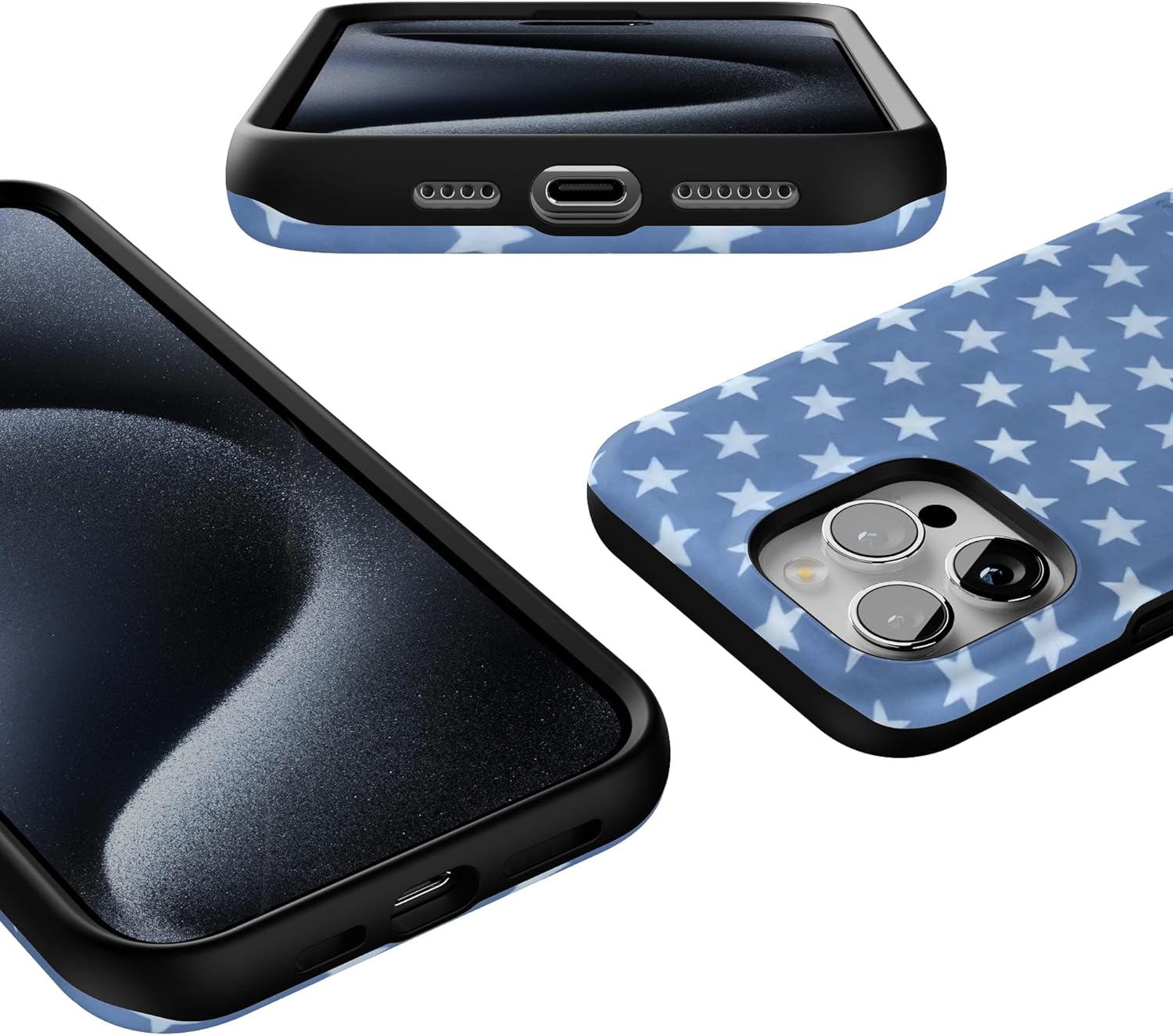 Casely iPhone 15 Pro Case | Coastal Blues | Denim Stars | Bold Protective Design | Compatible with MagSafe