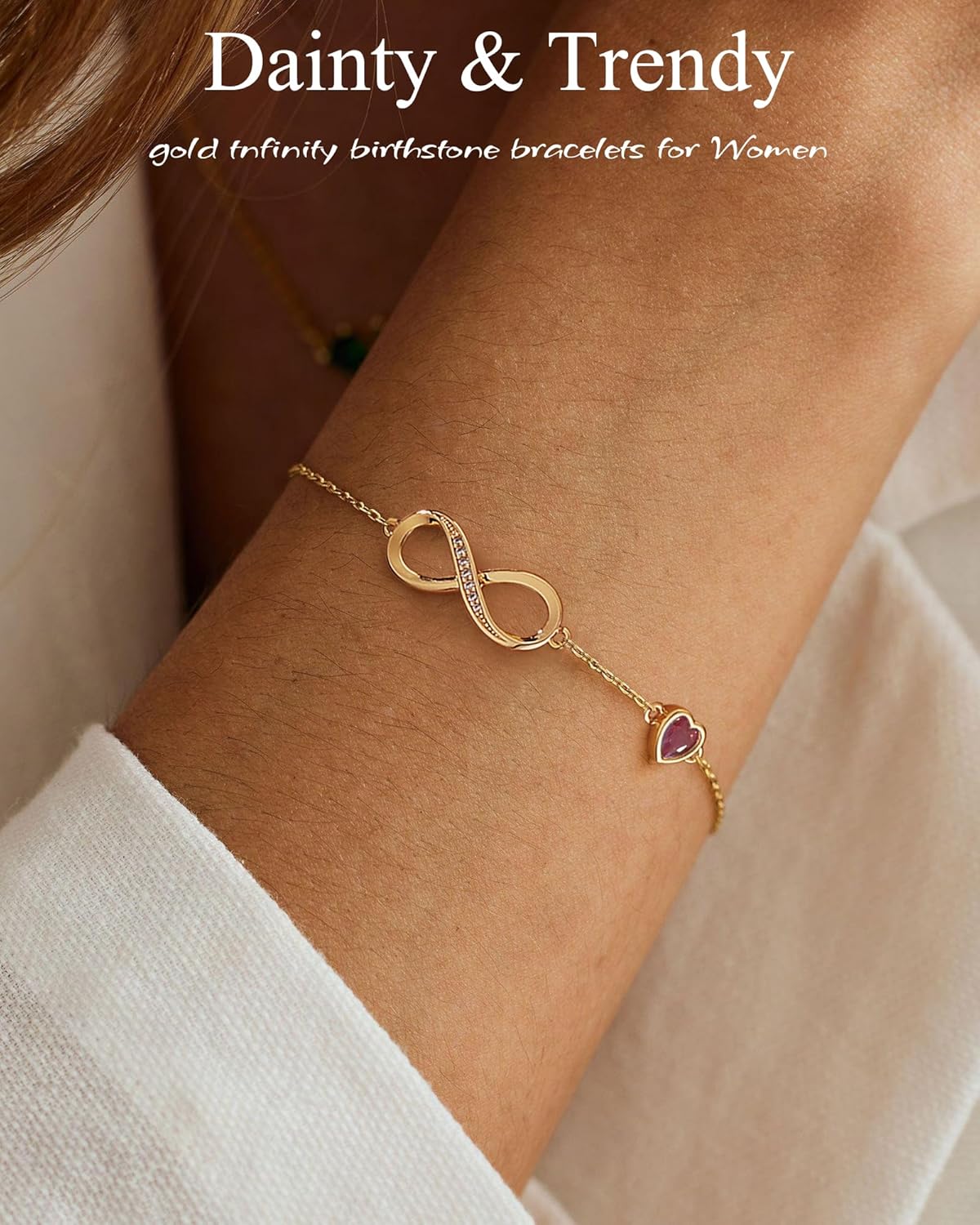 Infinity Birthstone Bracelets for Women Gold Charm Bracelets Non Tarnish Dainty 14K Gold Plated Heart Love Bracelets Birthday Jewelry Valentine's Day Gifts for Anniversary Wife Girlfriend Her - Image 8