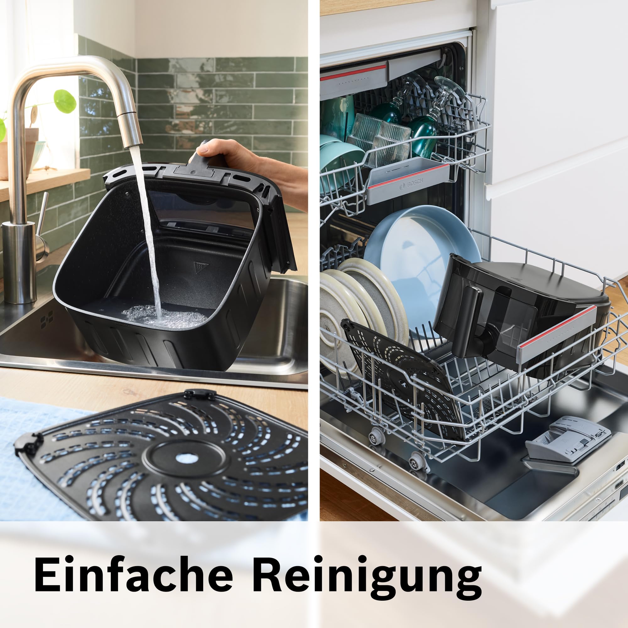 Bosch Heißluftfritteuse Serie 6, XXL 7,2 L Fassungsvermögen, 7 voreingestellte Programme, beleuchtetes Sichtfenster, bis zu 65% schnelleres Kochen, AirFryer in Schwarz, MAF671B0