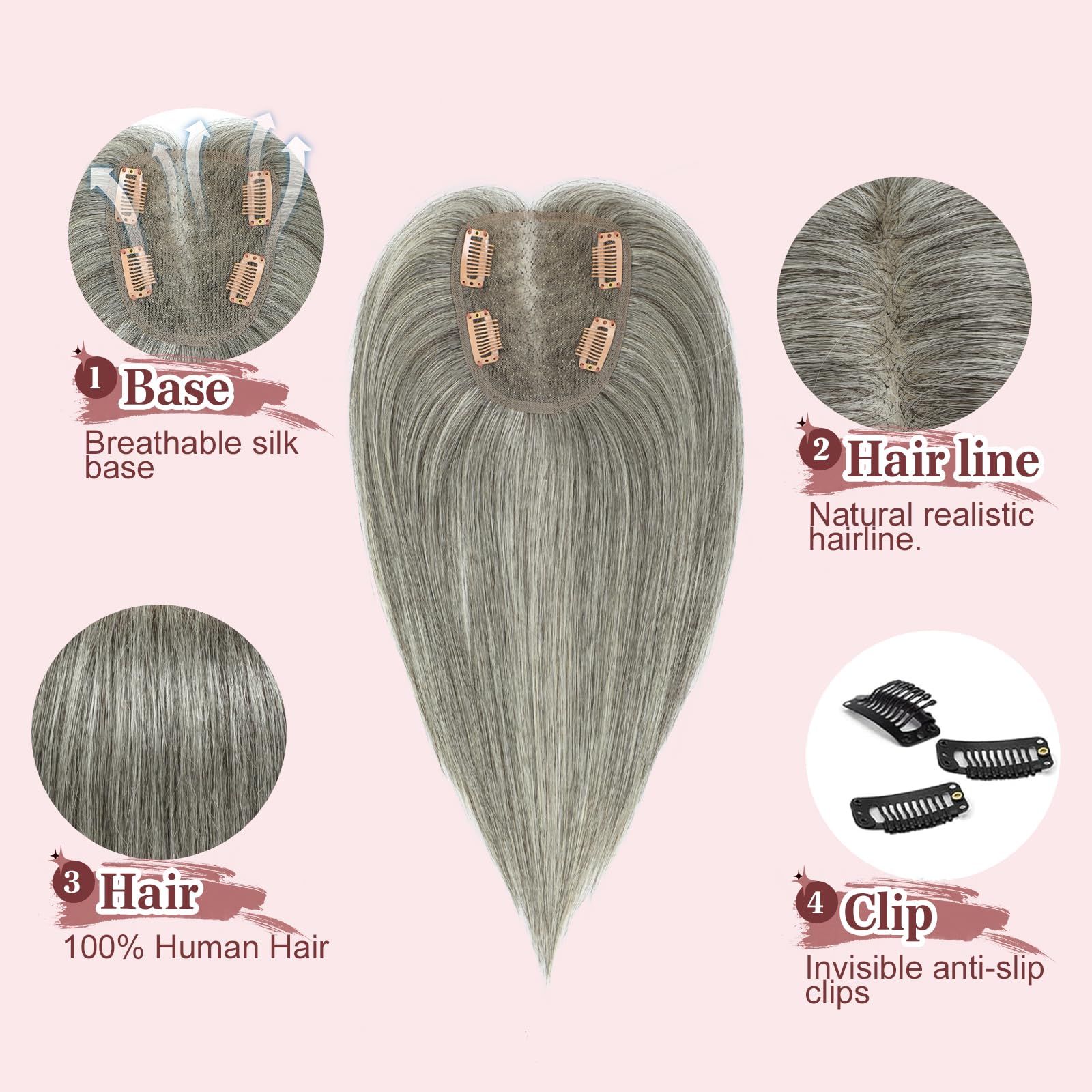 Postiche avec base suisse pour femme - Ajoute plus de volume et couvre la perte de cheveux - 30,5 cm - Gris mélangé