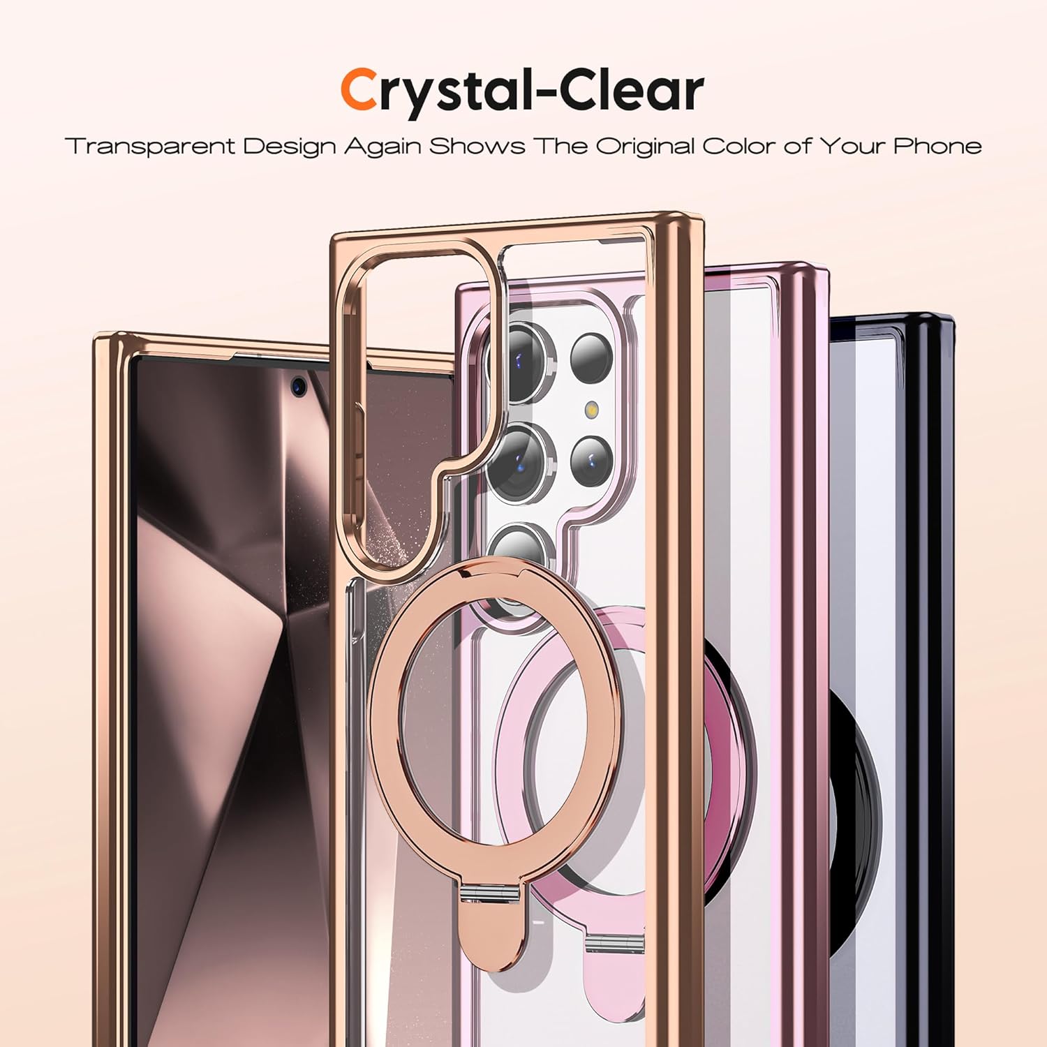 Compatible with Samsung Galaxy S24 Ultra Case with Magnetic Ring Stand [Compatible with Mag-Safe] Shockproof Plating Clear Phone Case for Samsung S24 Ultra 6.8", Desert Gold