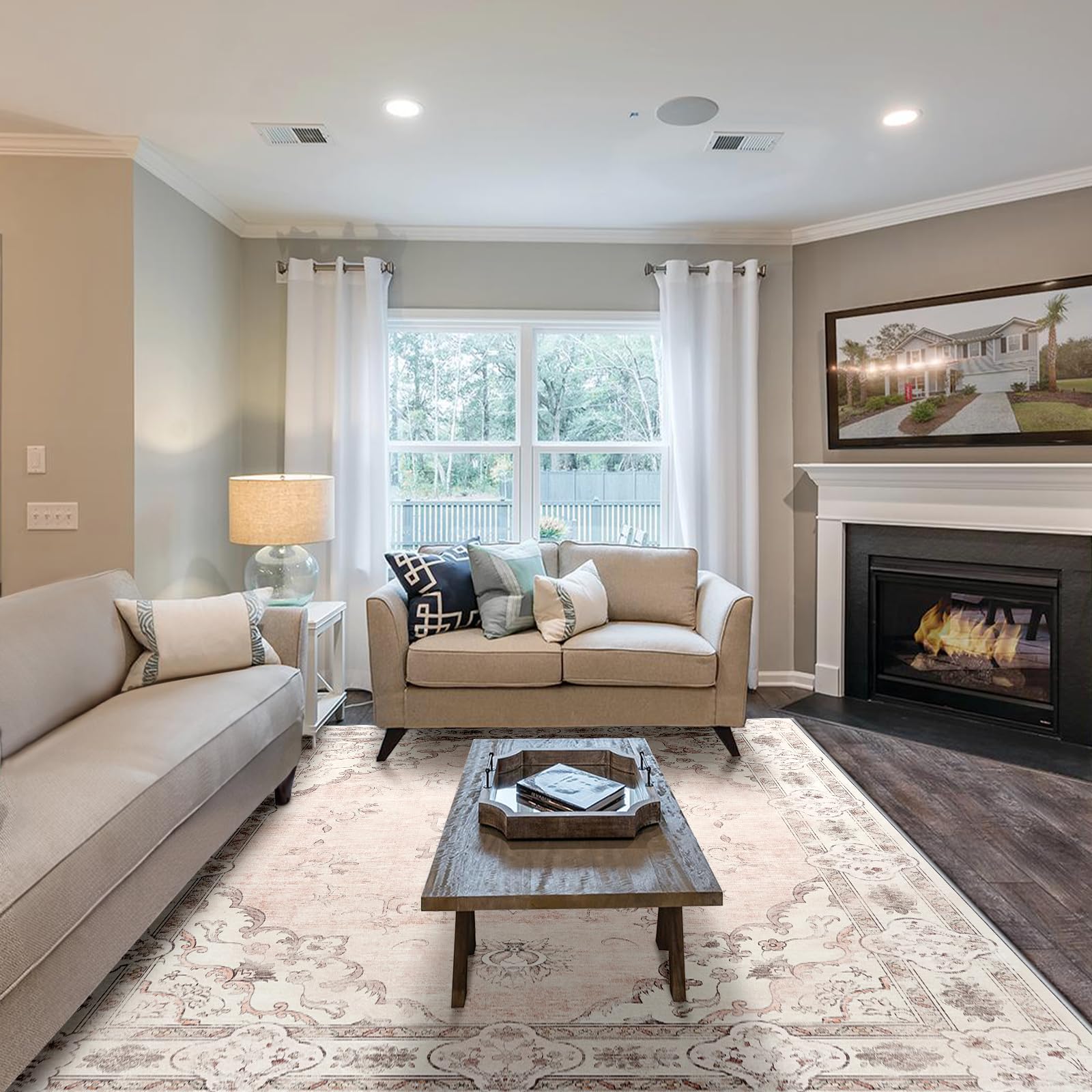 8x10 Area Rugs 8x10 Rug Vintage Rugs 8x10 Machine Washable Rugs Floor Carpet Non-Slip Low Pile Area Rugs for Living Room Bedroom Dining Room Indoor - Pink