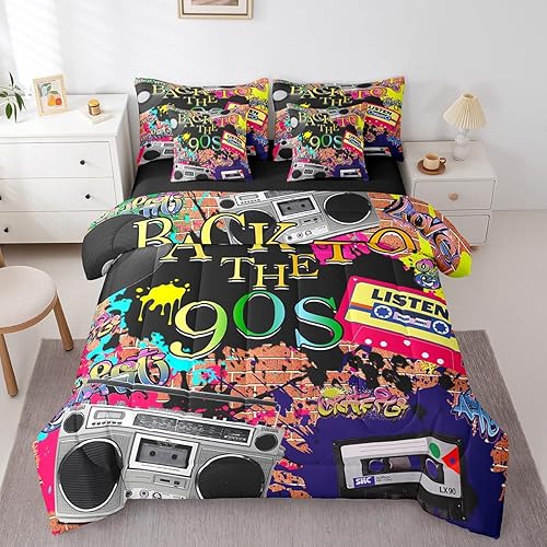 90S Fashion Bed in a Bag Queen Size for Kids Teens Adults, Retro Radio Tape Printed 7 Piece Comforter Set, Hip Hop Funky Hippie Bedding Sets disponible en Yaxa Colombia