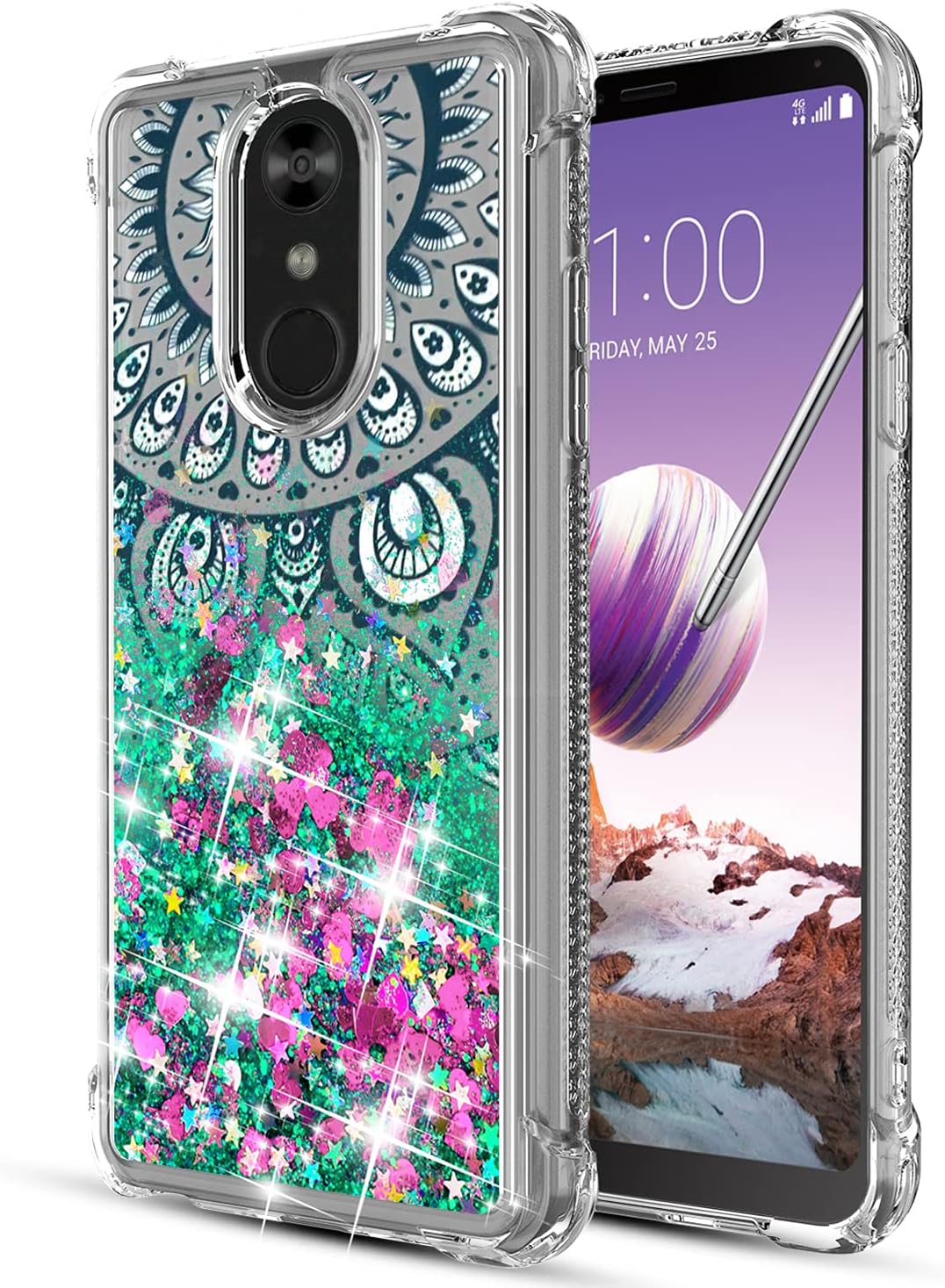LG Stylo 4 Case, Stylo 4 Plus Case Full-Body Shockproof Glitter Liquid Quicksands Flowing Sparkle Bling Four-Corner Anti-Drop W Mandala Flower Pattern Inside Design Heavy Duty Protective Case,Teal