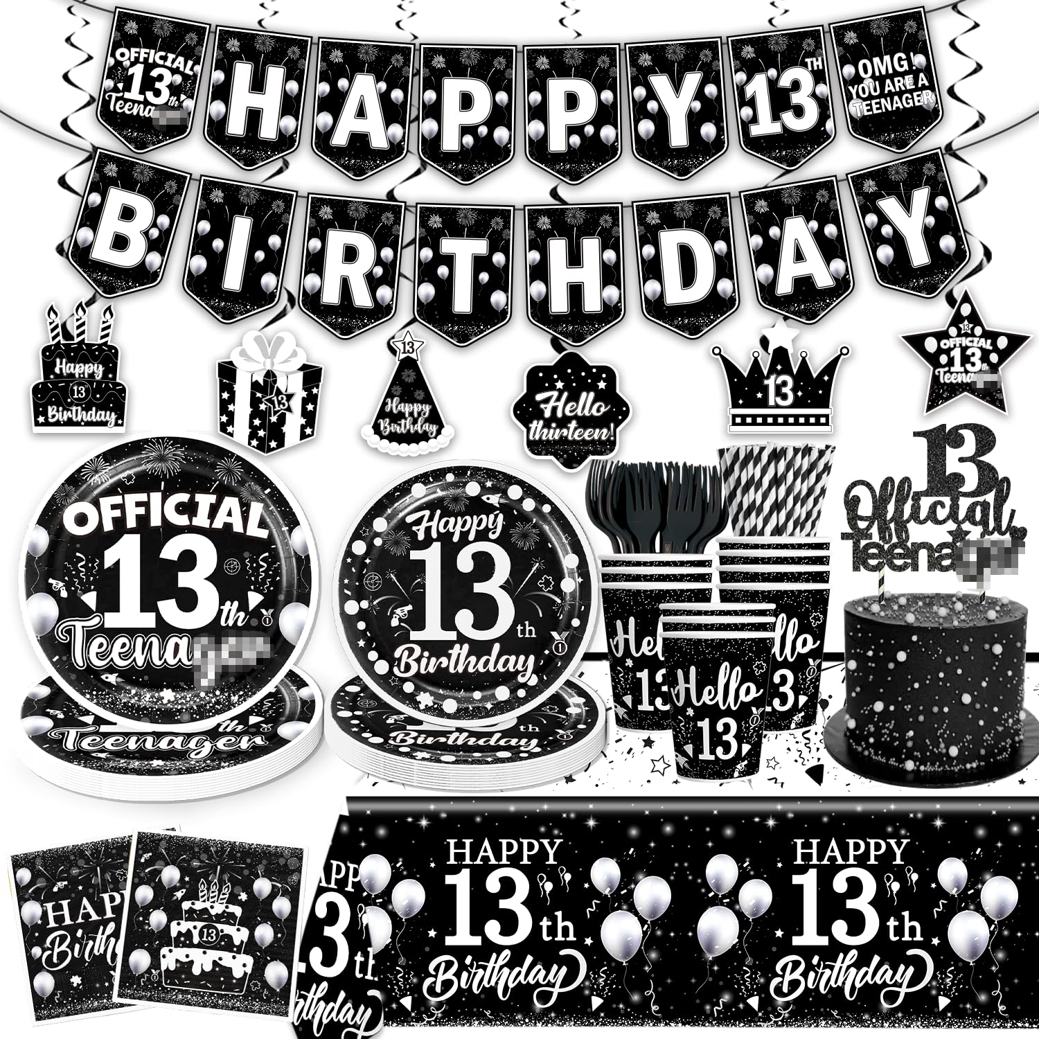 Yingoto 170pcs 13th Birthday Decorations for Boys Tableware Set, Black Themed 13th Birthday Plates and Napkins Banner Officially a Teenager Party