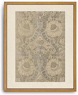 Roslynity Framed Canvas Wall Art Vintage Print Paintings Neutral Tapestry Textile Antique Peonies Leaves Pattern Silk Silver Brocade Retro for Home Living Room Bathroom Wall Decor (8"x10")