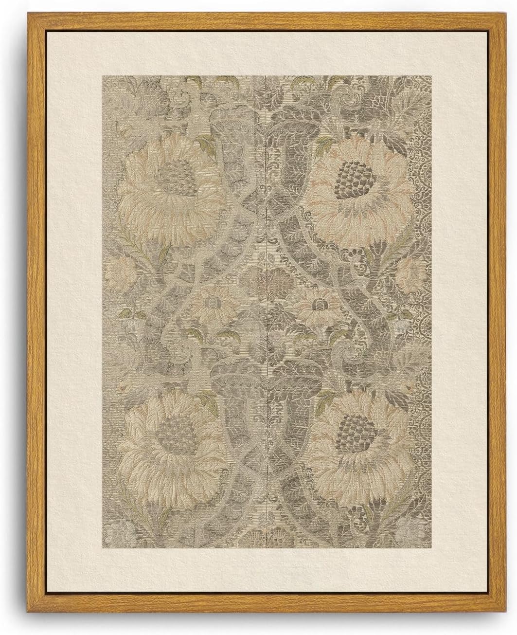 Roslynity Framed Canvas Wall Art Vintage Print Paintings Neutral Tapestry Textile Antique Peonies Leaves Pattern Silk Silver Brocade Retro for Home Living Room Bathroom Wall Decor (8"x10")