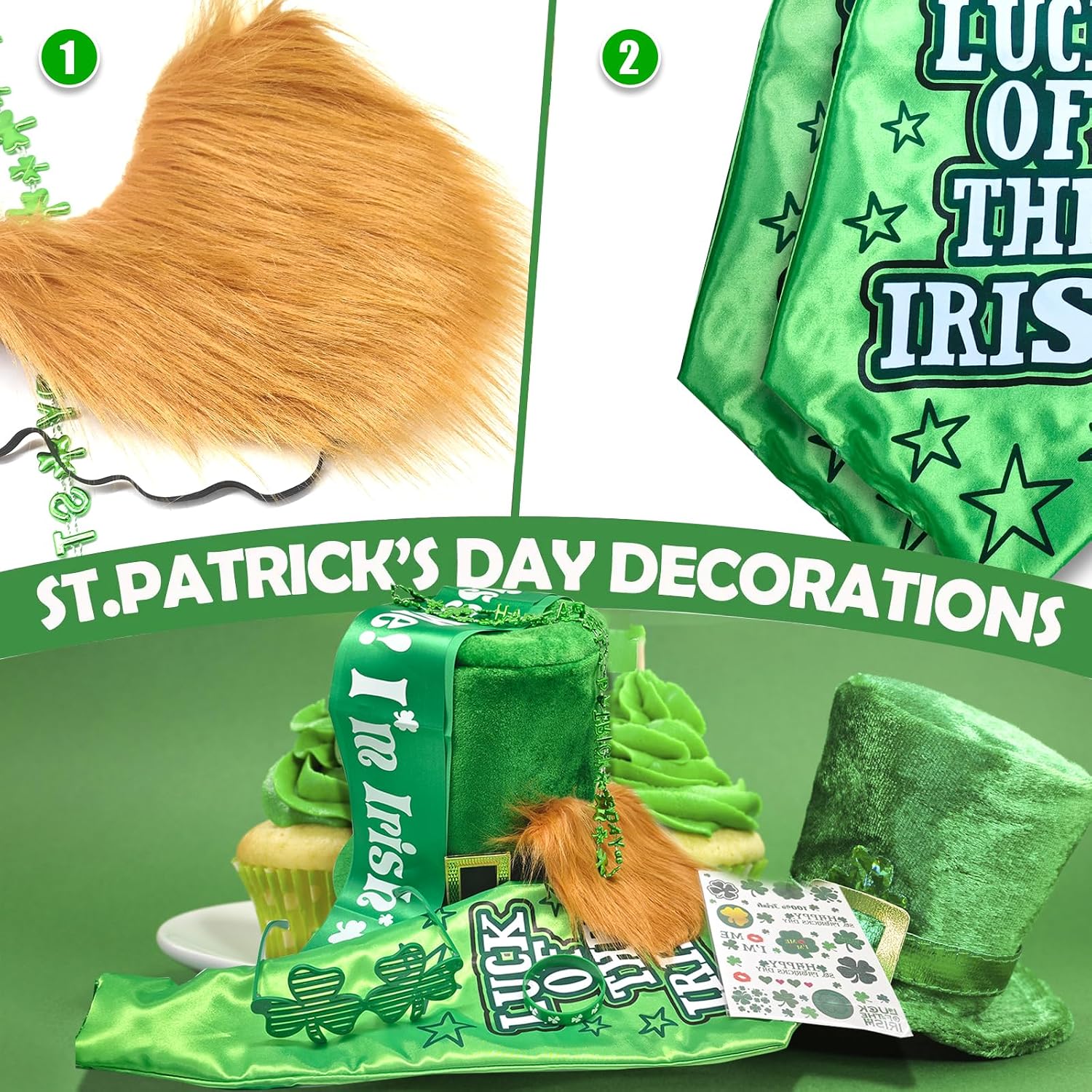 St Patricks Day Accessories,8Pcs Green Saint Patrick’s Novelty Jewelry Assortment Hat Bracelets Necklaces Tattoos Shamrock Glasses Tie Mustache Gift Bags Favors For St. Patty's Day Irish Party Decor