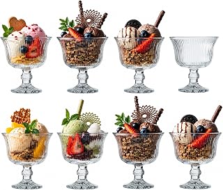 Glass Dessert Cups, Vintage Footed Glass Ice Cream Bowls (8) | Clear dessert bowls with elegant footed design for ice cream, yogurt, fruit, pudding, parfaits and everyday serving