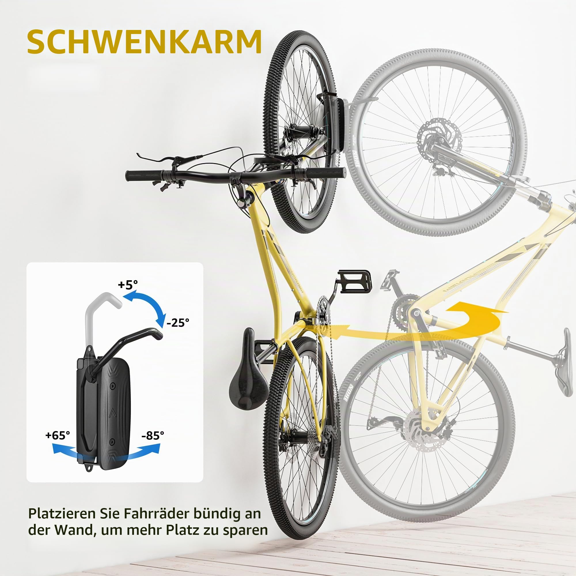 monTEK Schwenkbare Fahrrad-Wandhalterung, Fahrradaufhänger für Garage, Wandhalterung, platzsparender Wand-Fahrradständer, vertikaler Fahrradständer, hält bis zu 30 kg, 2 Stück