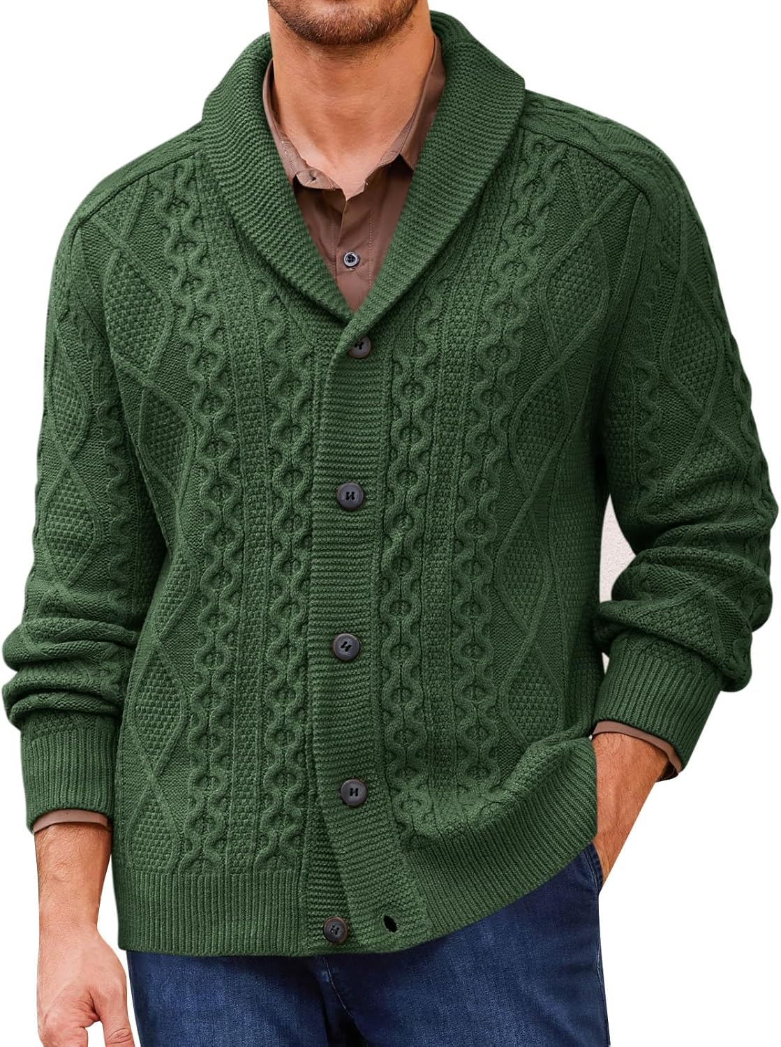 Runcati Mens Shawl Collar Cardigan Sweater Cable Knitted Button Down Sweaters Chunky Fall Winter Outwear