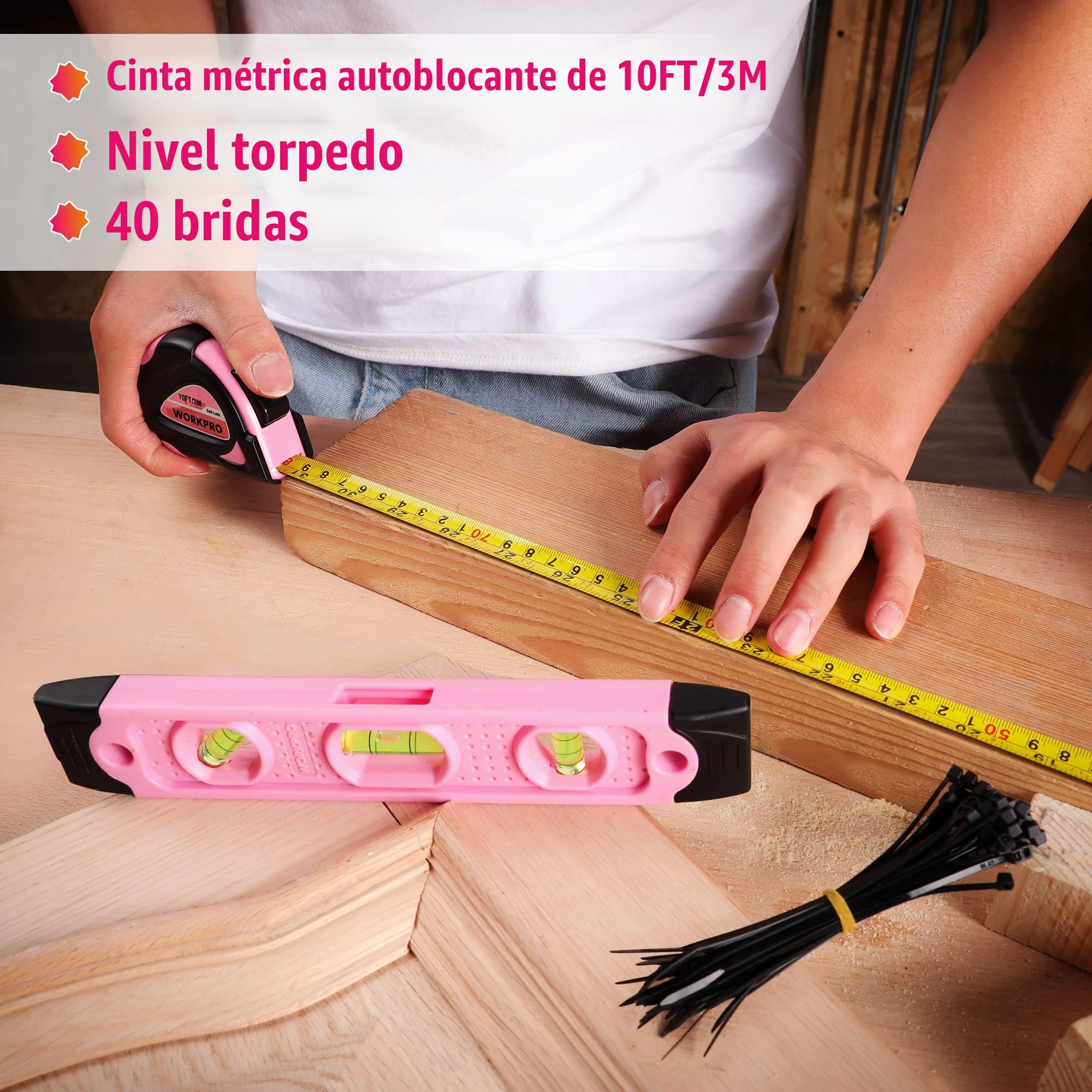 WORKPRO Juego de Herramientas con Destornillador Eléctrico, 73 Piezas Herramientas con Maletín Rosa Portátil, Herramientas Duraderas y Resistentes, Perfecto para Bricolaje, Mantenimiento del Hogar