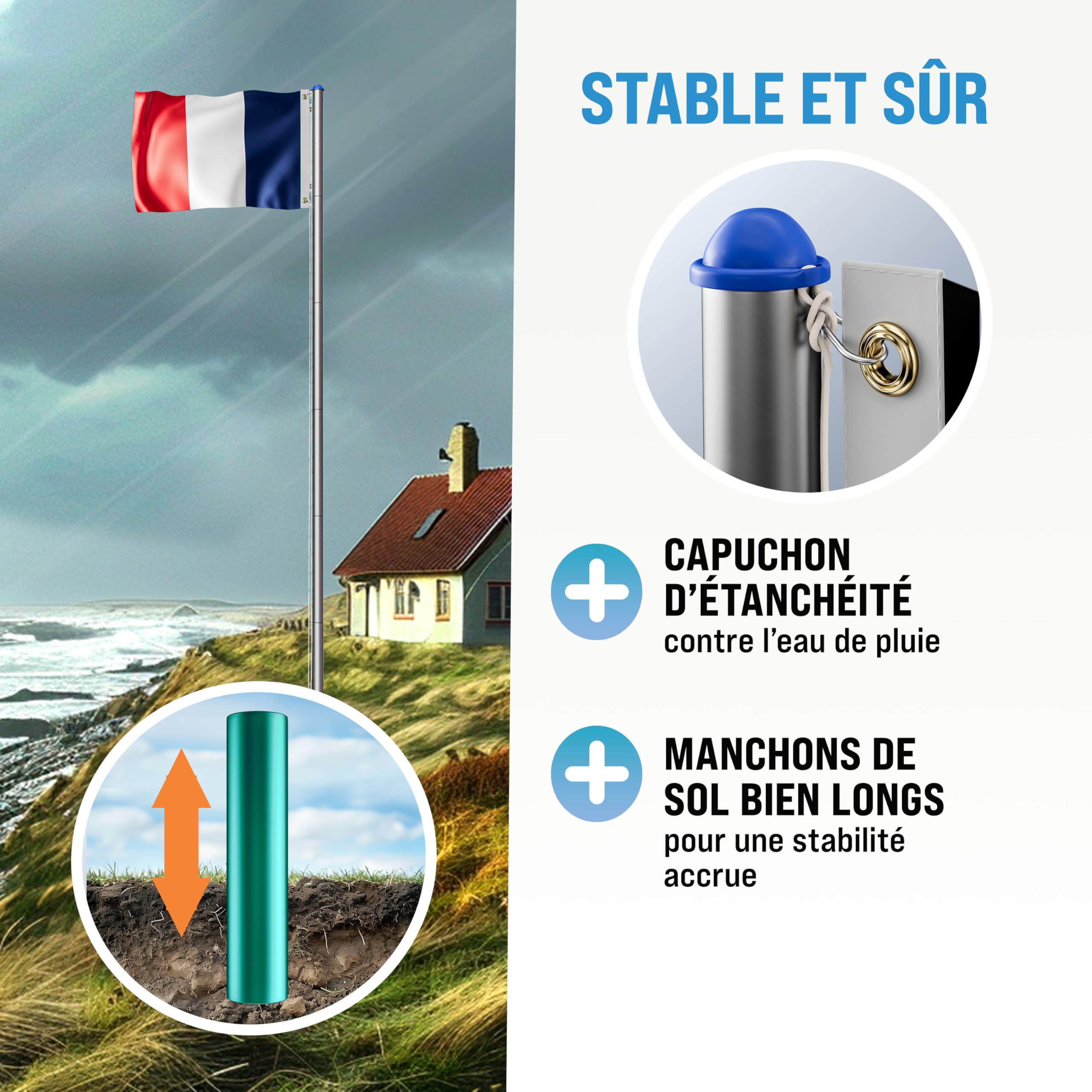 MONZANA® Mât de Drapeau Télescopique en Aluminium 6,5m - Cordelette de Hissage avec Douille de Sol, Réglable en Hauteur pour Jardin France