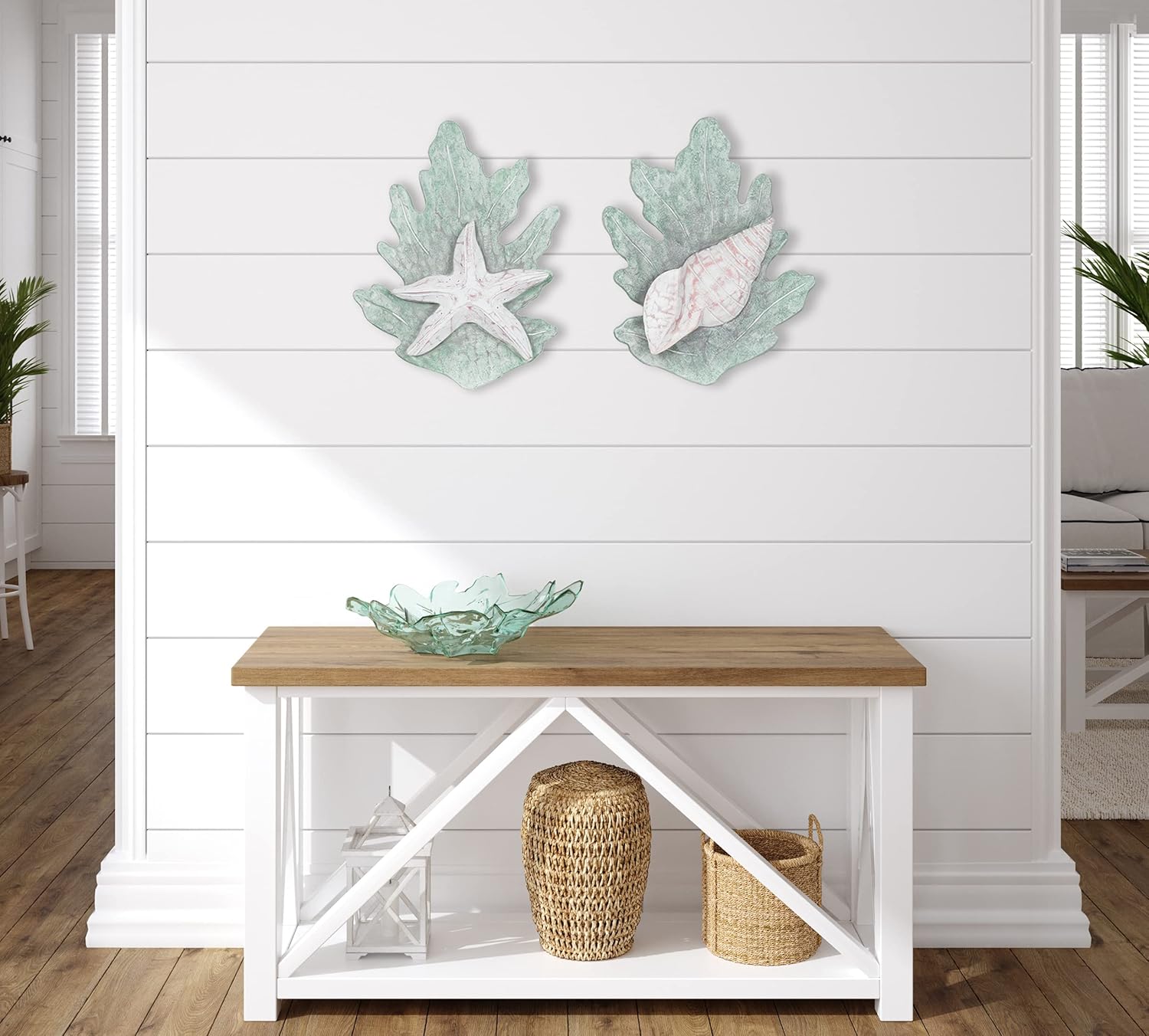 T.I. Design Hand-Carved Wood Starfish and Turban Shell on Reef | Coastal Seashells Beach Wall Decor Set of 2