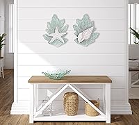 Vista 5 de T.I. Design Estrellas de mar de madera tallada a mano y concha de turbante en arrecife Juego de 2 decoración de pared de playa con conchas costeras