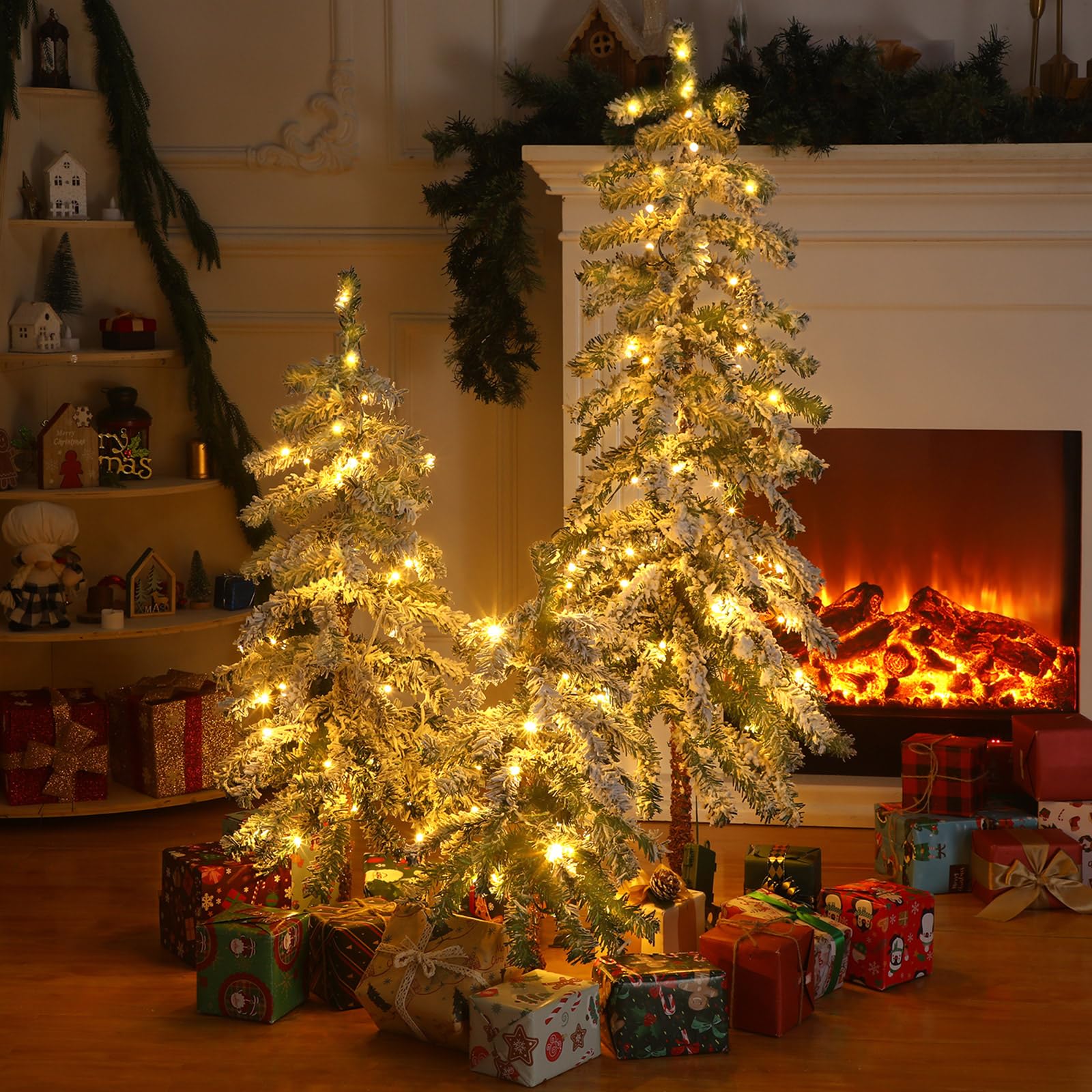 3 Pcs Flocked Natural Artificial Christmas Tree Set with Lights Flocked Christmas Tree with Bendable Branches for Xmas Decor (Alpine Tree,2' 3' 4')