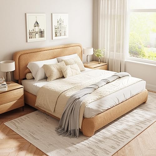 Miniatura 22 de Marco de cama tamaño Queen con tapizado de bóbil, plataforma tapizada en forma de nube con cabecera ajustable en altura y esquinas redondeadas