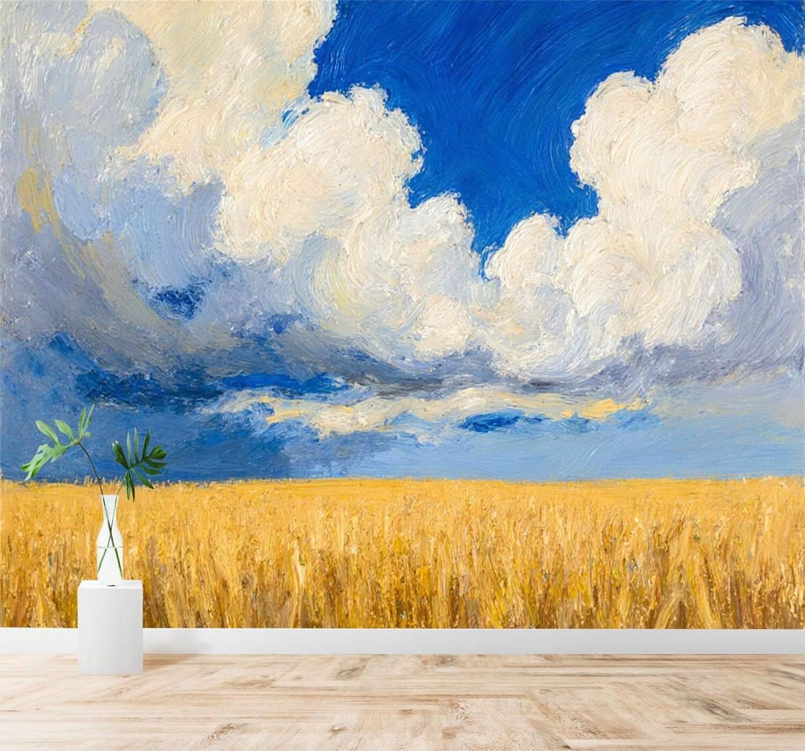 Xlming 400Cm×280Cm(B×H) Hand Drawn Blue Sky White Clouds Golden Wheat Field 3D Wallpaper Silky Texture Home Study Office Grey Dining Room Sofa Bedroom Living Room Tv Backdrop-400Cm×280Cm
