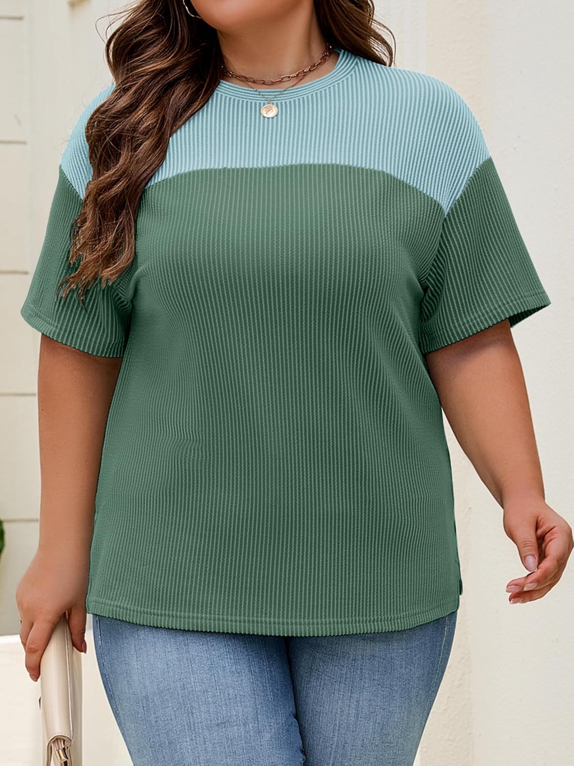 Womens Plus Size Short Sleeve Color Block Pullover Tunic Tops Summer Casual Crewneck Side Split T Shirts - Image 2