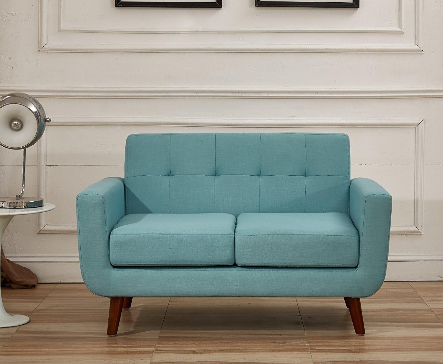Container Furniture Direct Jenny Linen Uphostered Mid-Century Modern Button Tufted Living Room Loveseat, Aqua Ocean