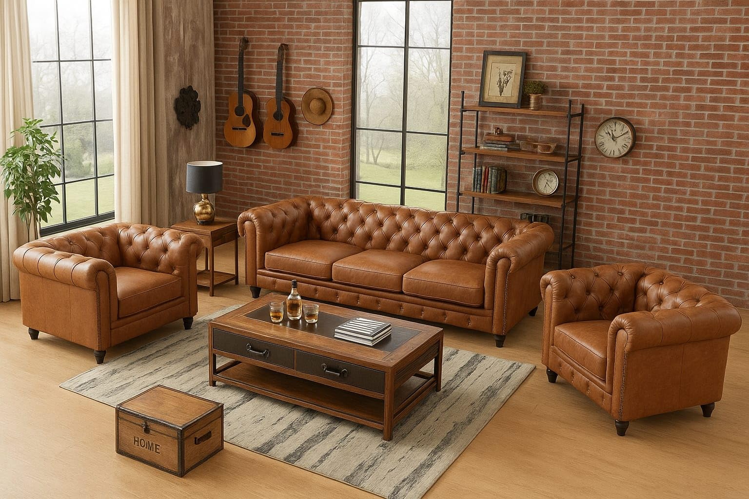 Chesterfield 3+1+1 =5 Seater Sofa Set Solid Sal Wood Upholstered Button Tufted Sofa Set for Living Room (Brown LEATHERETE 3+1+1 = 5 Seater)-image-2