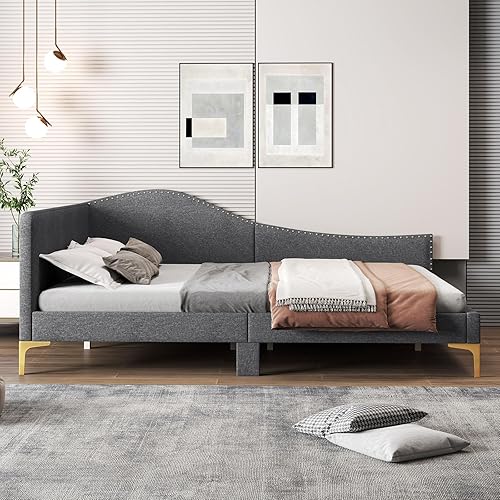 Miniatura 4 de Giantex Sofá cama tapizado de tamaño matrimonial, cama de plataforma con remaches con cabecero, patas de metal y listones de madera, sofá cama