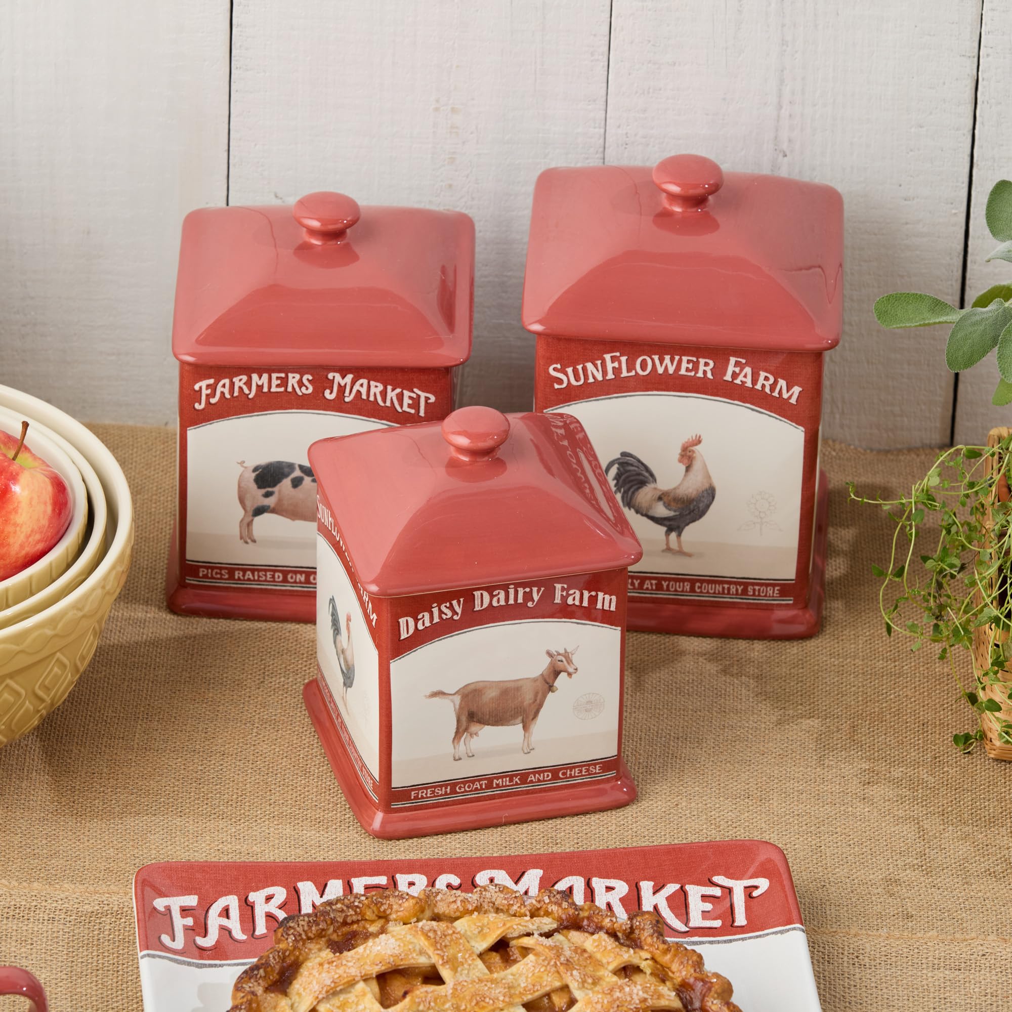 Quadratisches Behälter-Set im Vintage-Stil, 3-teilig, inklusive 1,5 l, 2,5 l und 2,5 l Größen, Bauernmarkt-Design mit Bauernhoftieren, langlebige Keramik, rustikale Bauernhaus-Küchenaufbewahrung für