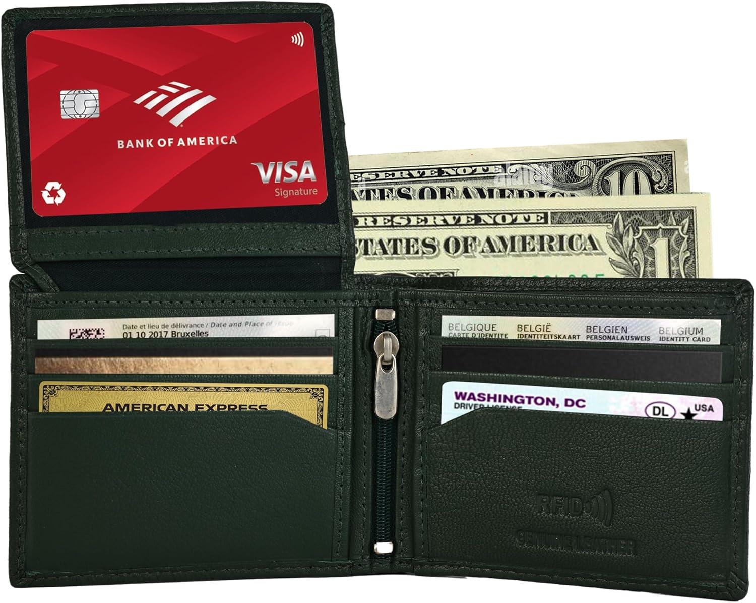 Genuine Leather RFID Blocking Wallet for Men | Slim Bifold Design with Zipper Coin Pocket, ID Window & Multiple Card Slots | Compact Everyday Carry Gift for Him (Dark Green) - Image 5