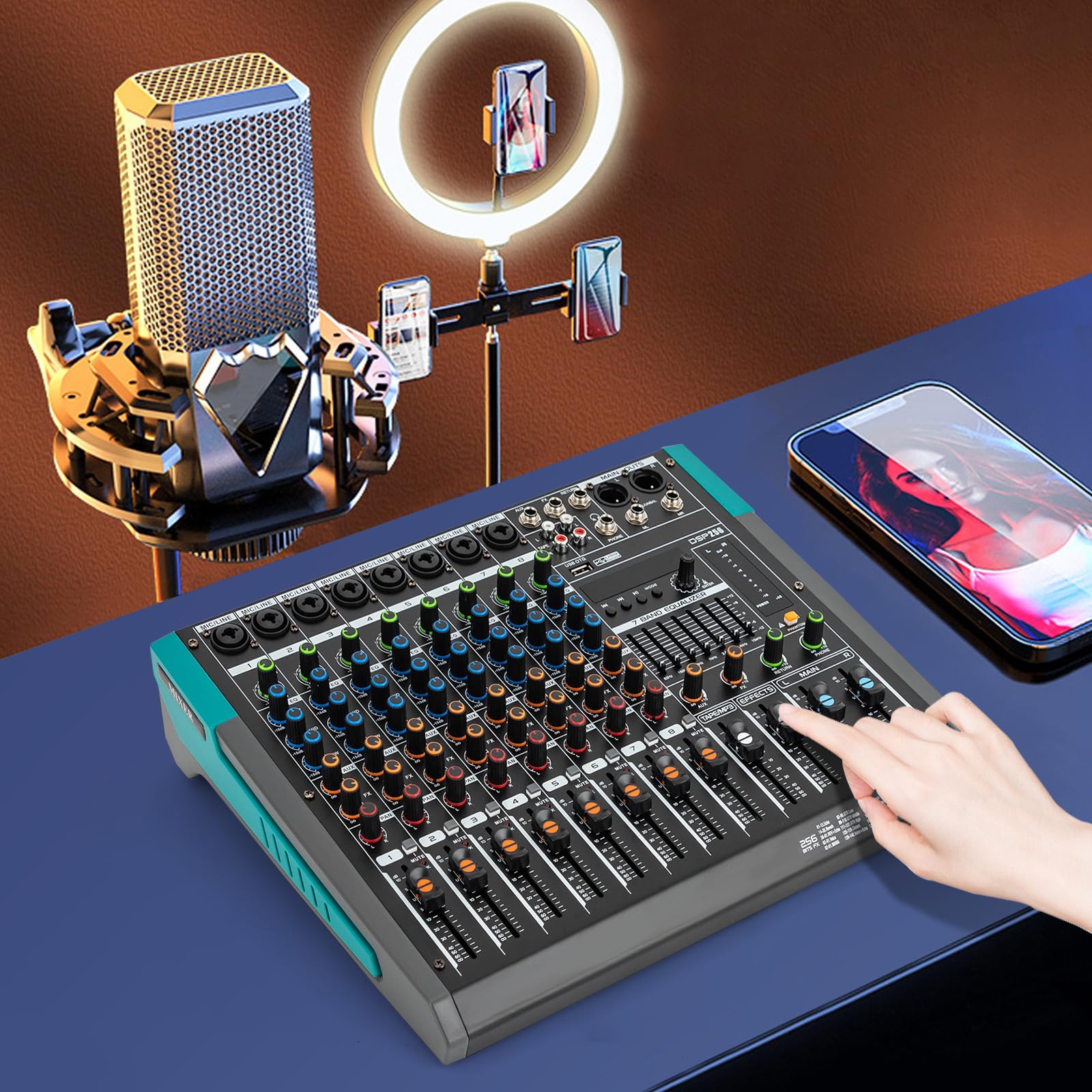 Mikser audio, 8-kanałowy mikser audio z zasilaniem fantomowym 48 V, funkcja Bluetooth, z wyświetlaczem LCD, do prywatnych pomieszczeń KTV, studiów nagrań, pomieszczeń transmisji