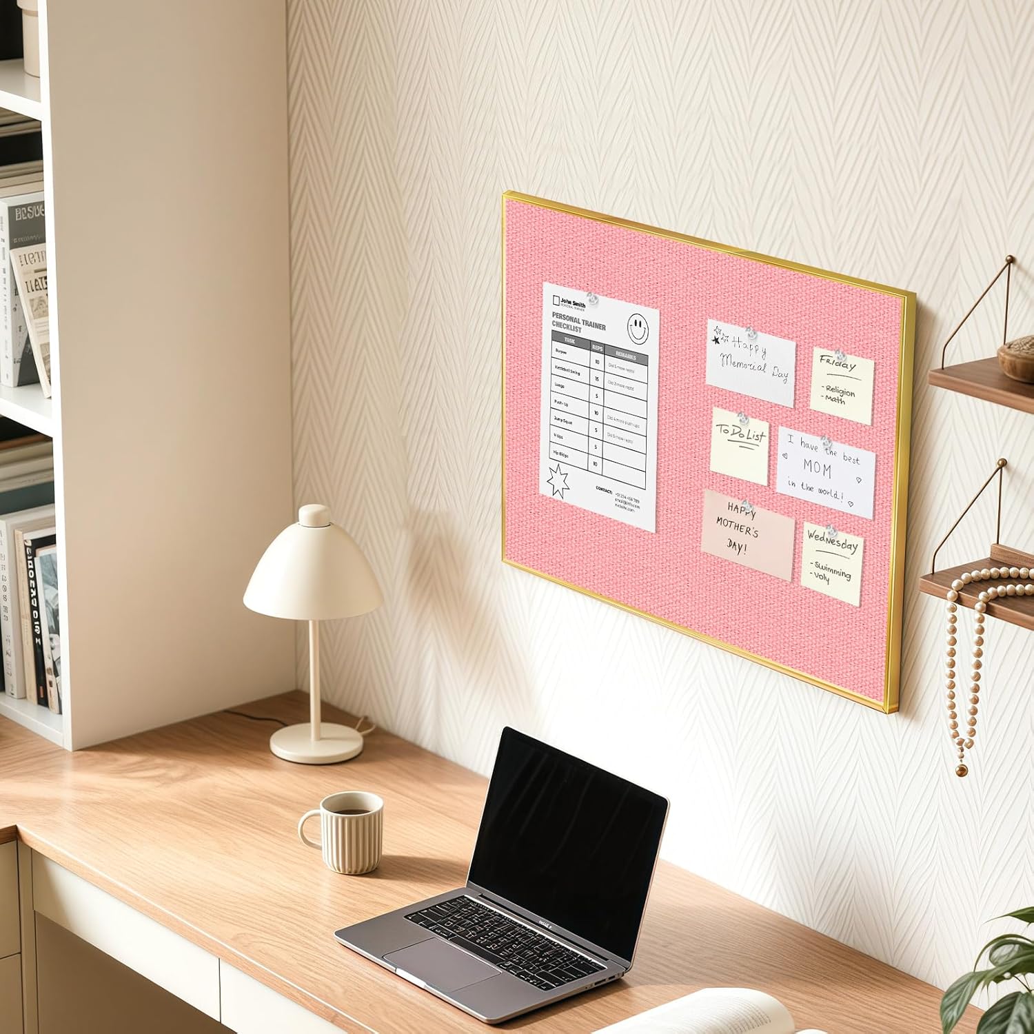 Linen Bulletin Board 24 x18 Inches, Cork Board for Wall with Gold Aluminum Frame, Fabric Pin Board Tack Board for Home Office Room Decor, 10 Push Pins, Pink Linen