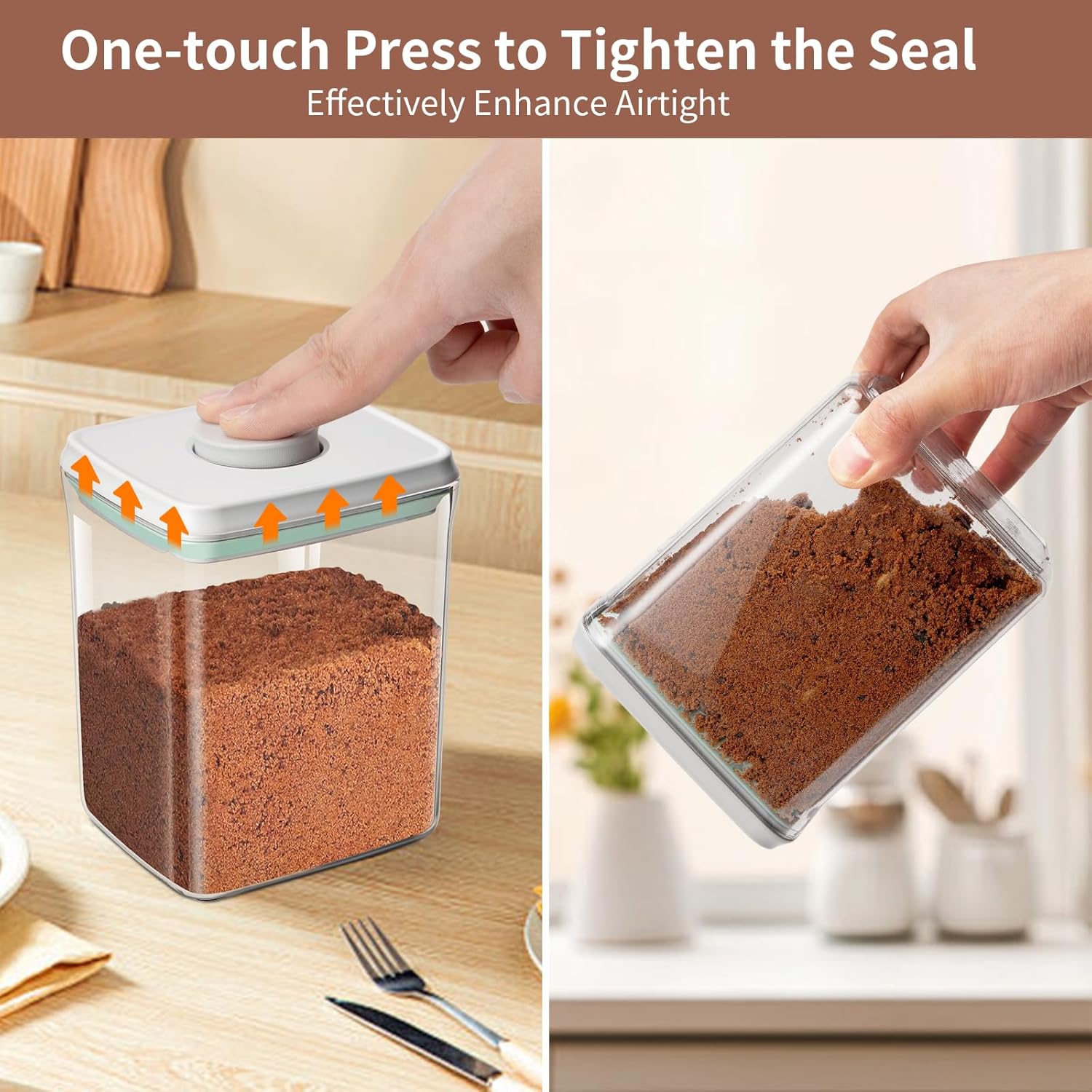 POP Airtight Brown-Sugar Keeper-Container - 1.3Qt(42Oz/1.2L) Clear Jar | 1/2 Tablespoon Scoop | Brown Sugar Saver | Stackable One-Touch Opening - Image 3
