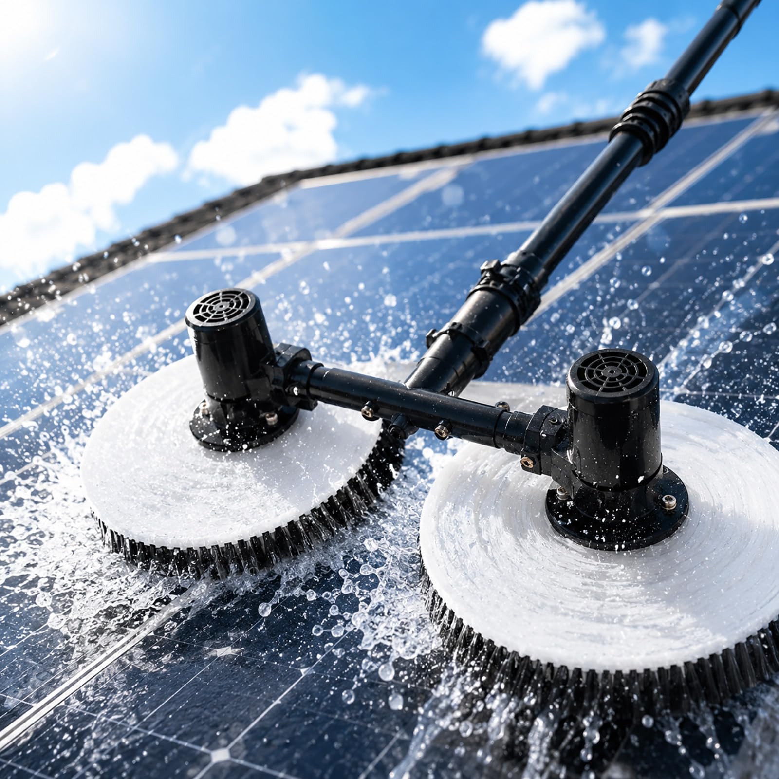 vnmudzeo Dual Head Solar Panel Cleaning Brush – Electric Rotating Solar Panel Cleaner with Water Fed Pole, 380 RPM Nylon Brush for PV Panels and Glass Roofs 7.5m(24.6ft)