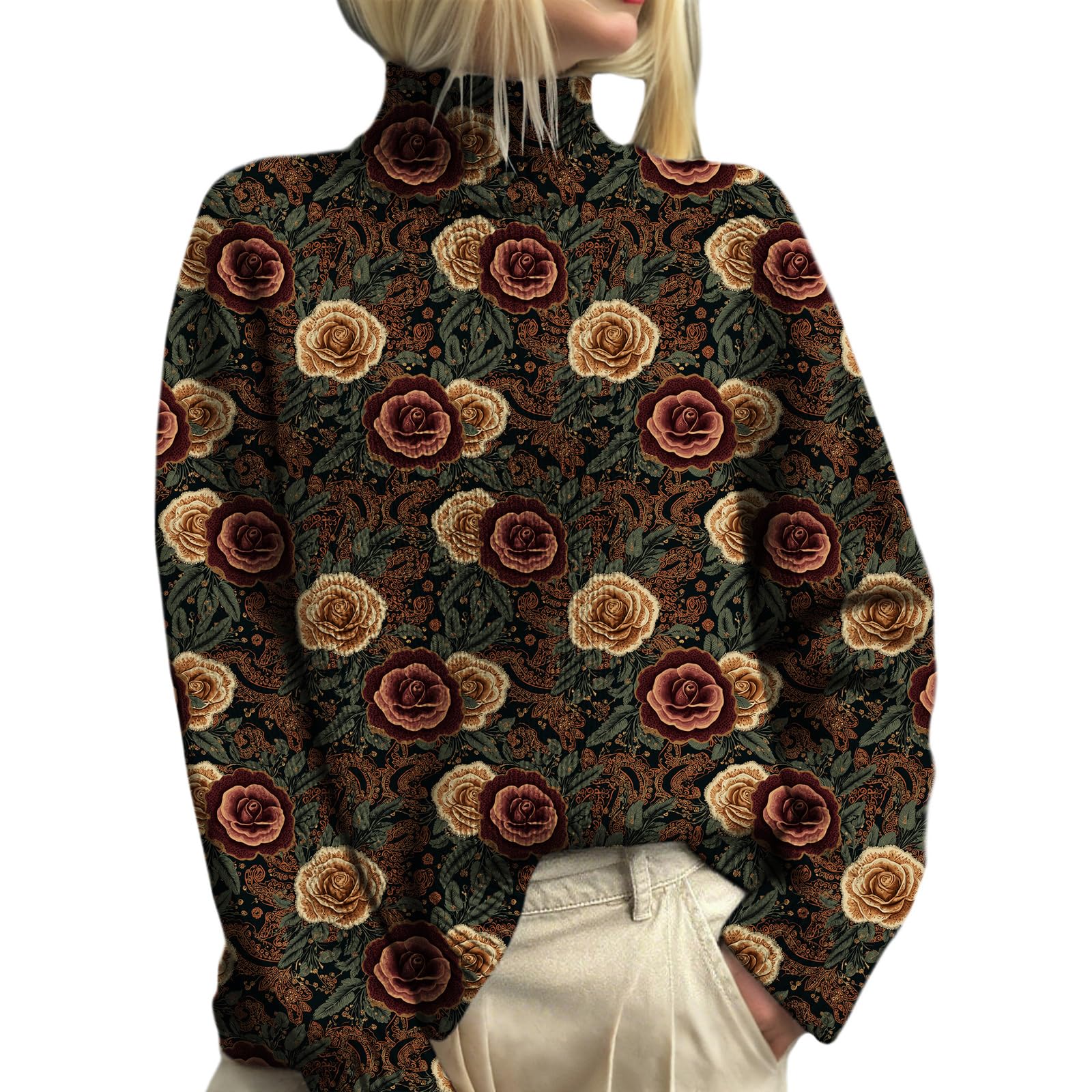 Womens Oversized Pullover Sweater Casual Vintage Boho Floral Print Turtleneck Chunky Fall Long Sleeve Knit Tops 2025