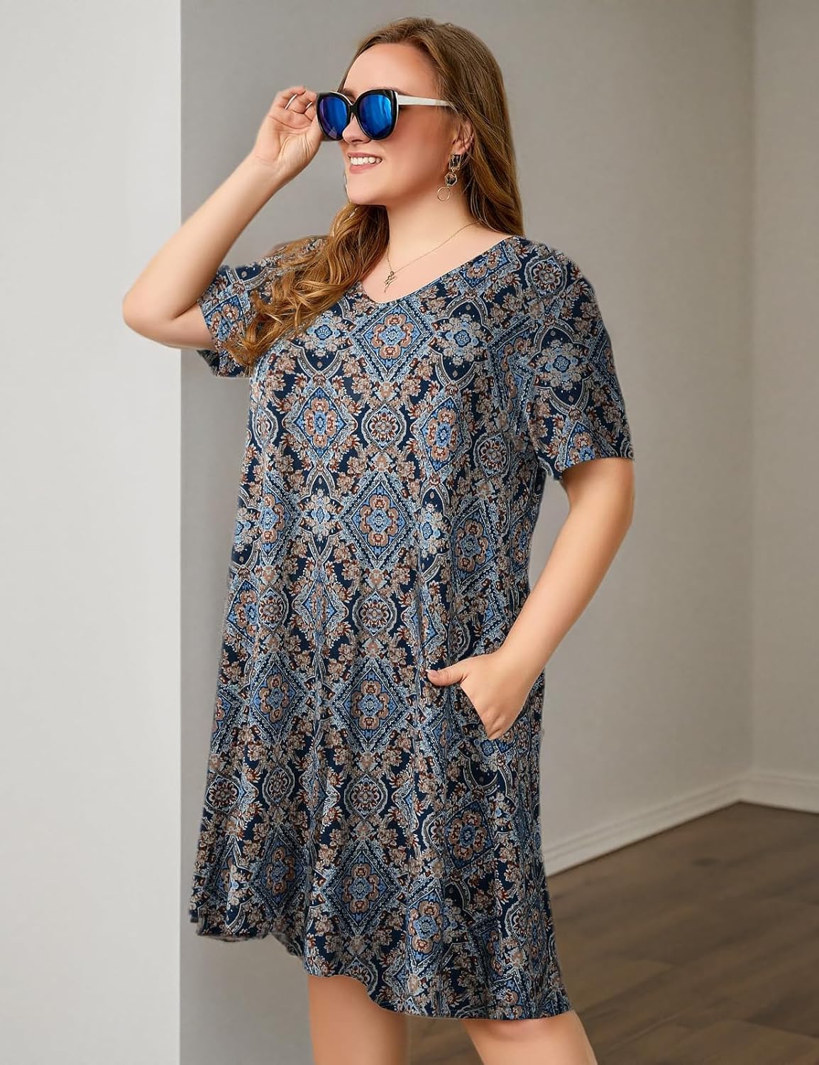 OVERWORETY Womens Short Sleeve Plus Size T-Shirt Dress V Neck Casual Loose Swing A-Line Summer Tunic Dresses with Pockets - Image 5