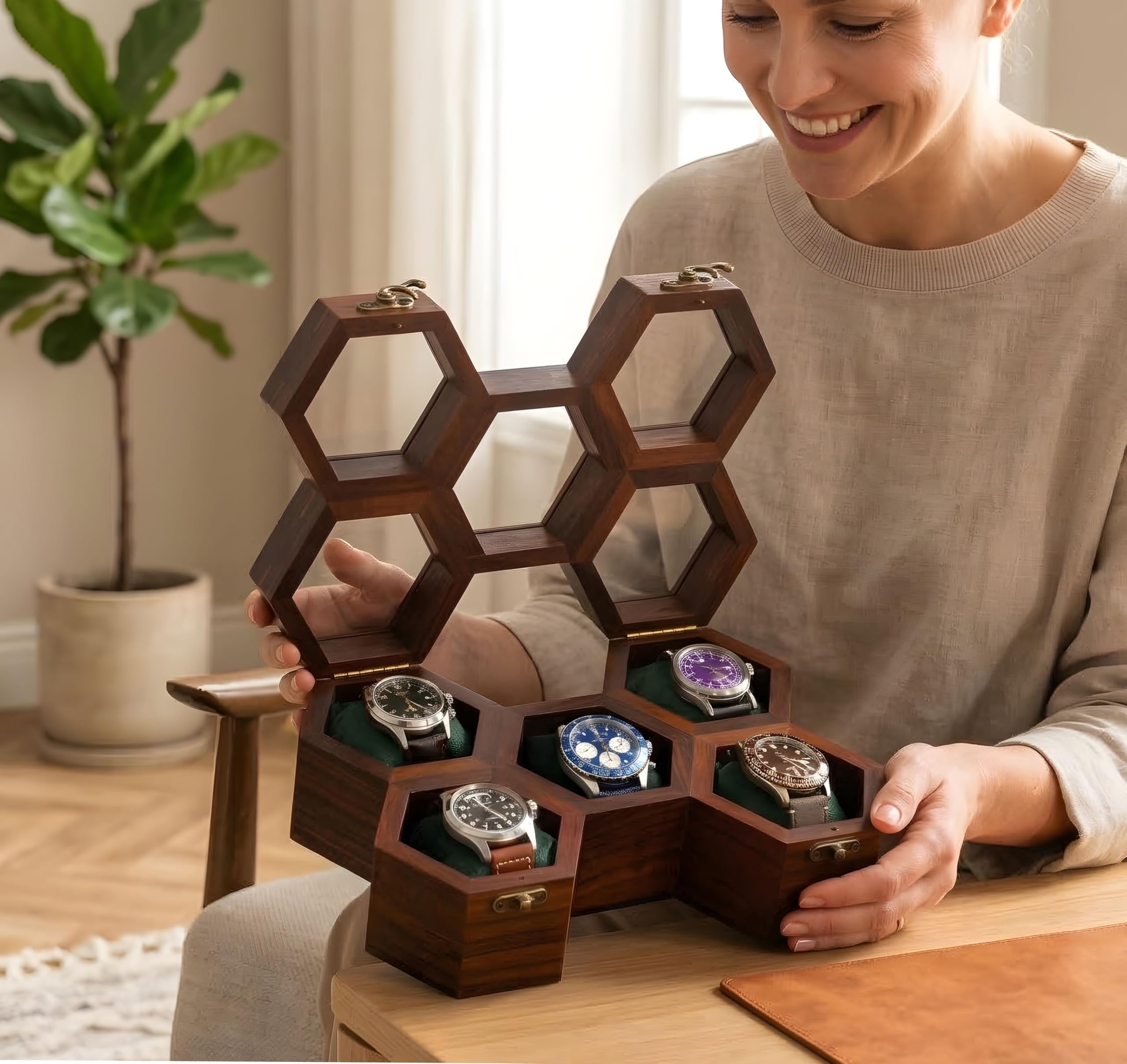 Royal Craft Expertise Caja organizadora de relojes de madera para hombre, 5 ranuras, caja de reloj de lujo de panal | Caja de exhibición de madera de palisandro oscuro y vidrio | Elegante caja de