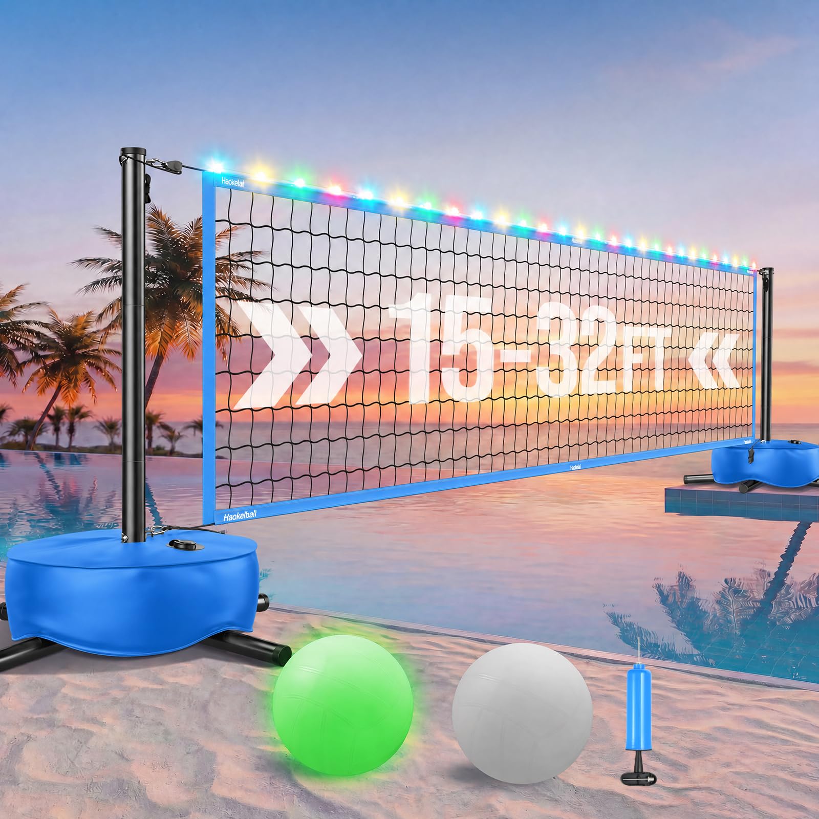 Haokelball Rete da pallavolo da piscina con luce, set da pallavolo da 4,5 a 9,5 m, lunghezza regolabile, rete da pallavolo per piscina con base ponderata, 2 palline da pallavolo Glow e pompa per