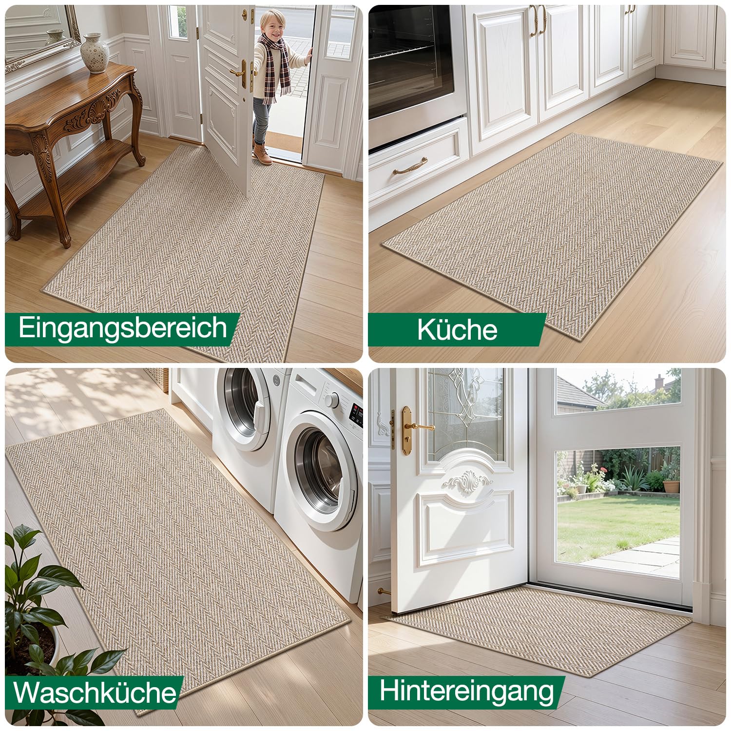 LUMI Extra Dünne Fußmatte Innen 80x120 cm, Eingangsmatte, Beige | 0.35 cm Flachdesign, Schmutzfangend, Schnelltrocknend, Wasserabweisend, Rutschfeste Gummiunterseite, Fischgrätmuster