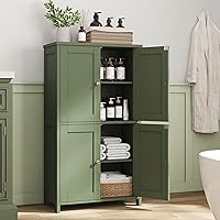 Nuturelly Pale Green Bathroom Storage Cabinet - Freestanding 4-Door Floor Pantry with Adjustable Shelves, Top Board & Anti-Tip for Kitchen Bath Organization