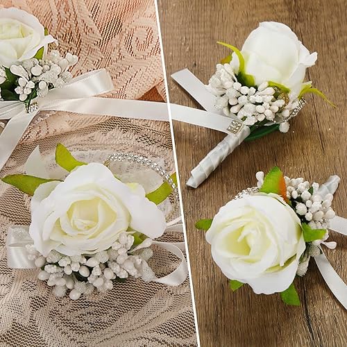 Miniatura 4 de Geosar Juego de 12 ramilletes blancos de boda y boutonniere para novia, dama de honor, incluye 6 muñequeras artificiales y 6 boutonniere para