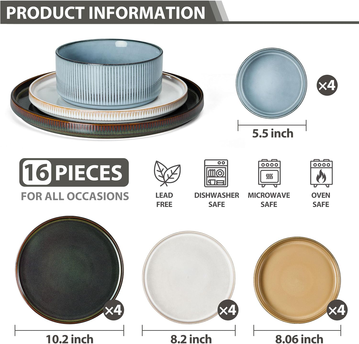 lianyu dinnerware stoneware sets with pasta bowls, 16 piece plates and bowls set for 4, ribbed dishes set for home, microwave and dishwasher safe, four-color 16 four-color