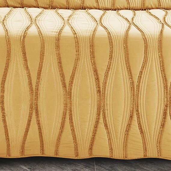 B&B New Quilted Bedspread Throw Embossed Pattern Frilled Bedspreads with Matching Pillow Cases - Luxury Bedspread Bed Throw Coverlets Bedding Set (Mustard, Single)