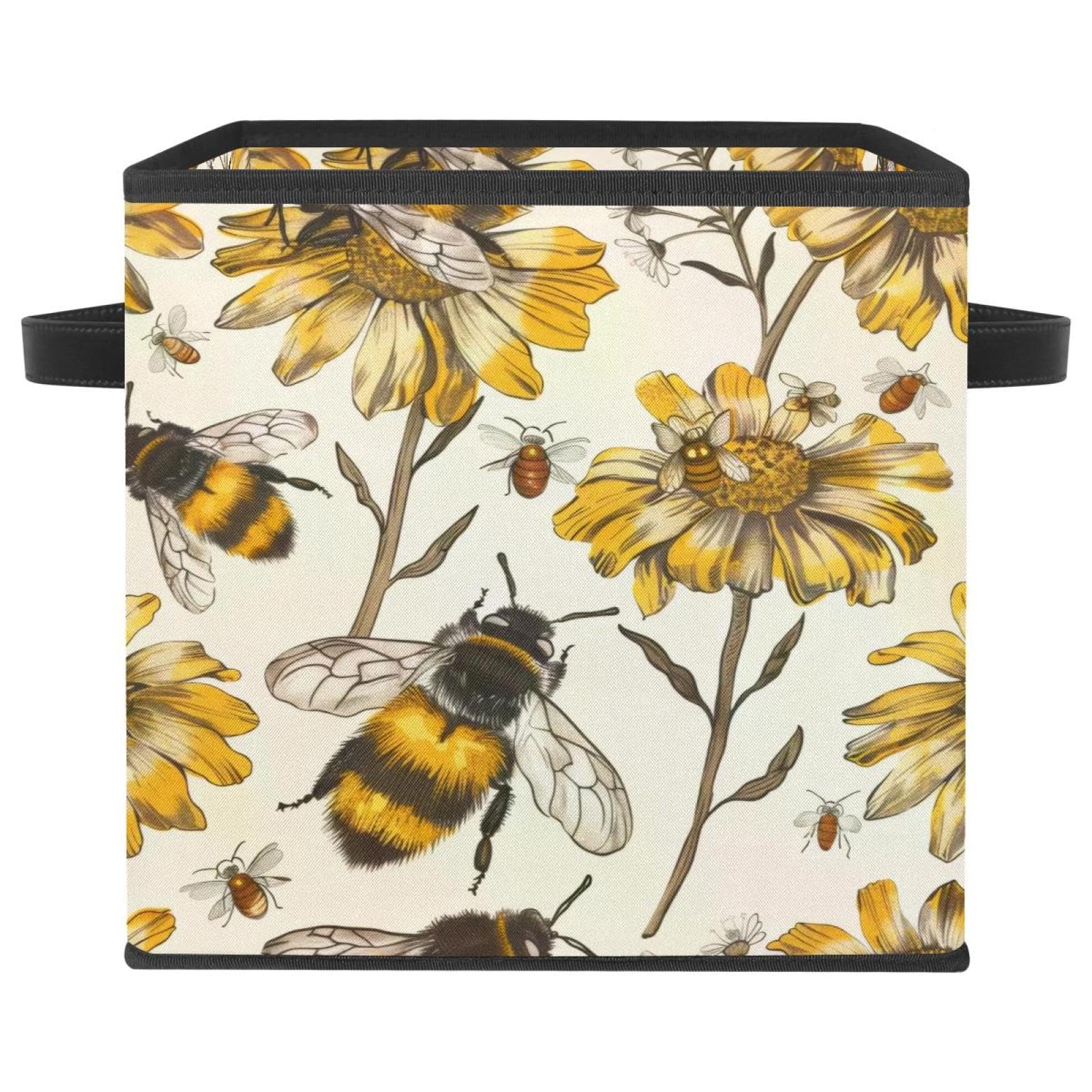 Boîte de rangement cube abeille et chrysanthème en tissu pliable 28cm