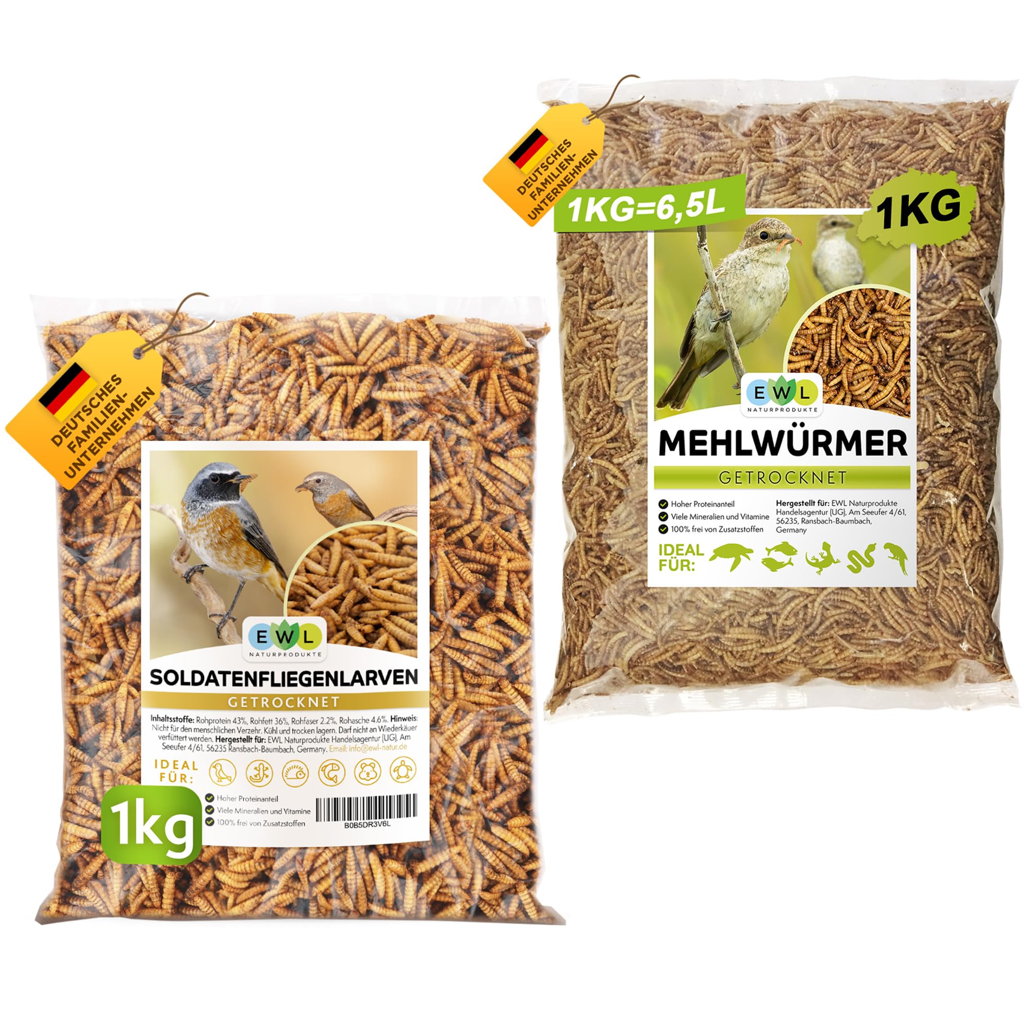 EWL Naturprodukte Mehlwürmer 1kg & Soldatenfliegenlarven 1kg getrocknet, Set 2kg für Wildvögel, Igel, Fische und Reptilien