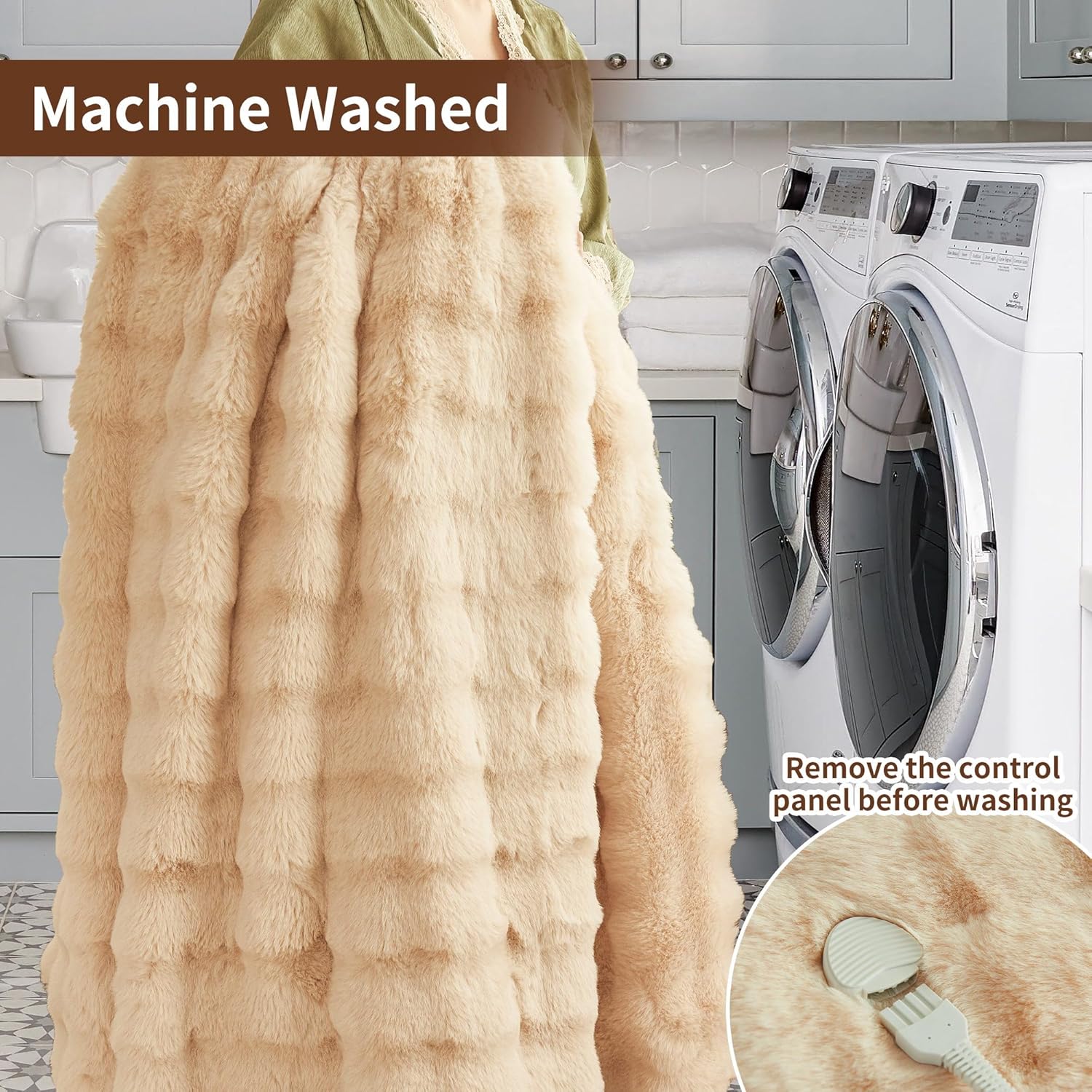 Thick Bubble Faux Fur Heated Blanket Electric Blanket 50"x60", Soft Faux Rabbit Fur with Remote Controller, Overheat Protection, 12 Time Settings, 5 Heating Level, Machine Washable (Beige)