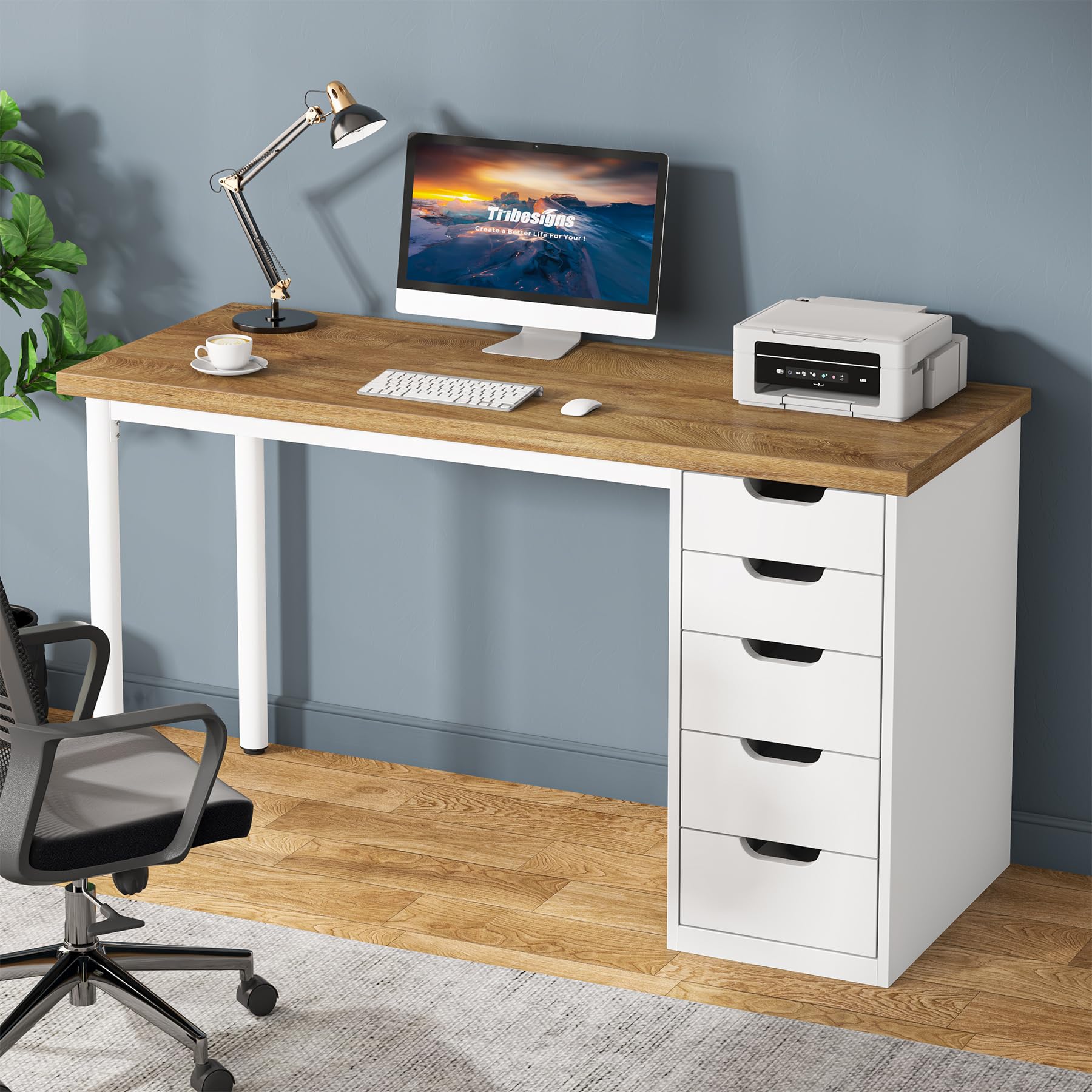 Photo 1 of Tribesigns Computer Desk with 5 Drawers, 47-Inch Walnut+White