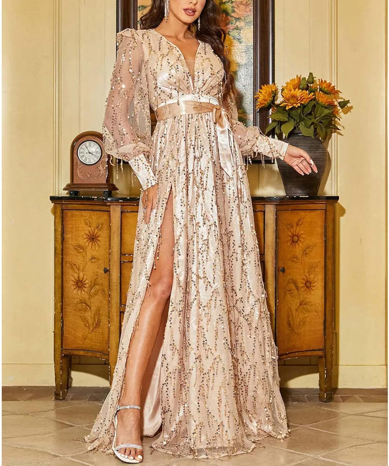 Evening Dress for Women Sparkly Sequin Side Split Prom Maxi Dresses Lantern Sleeve V Neck Cocktail Party Dress