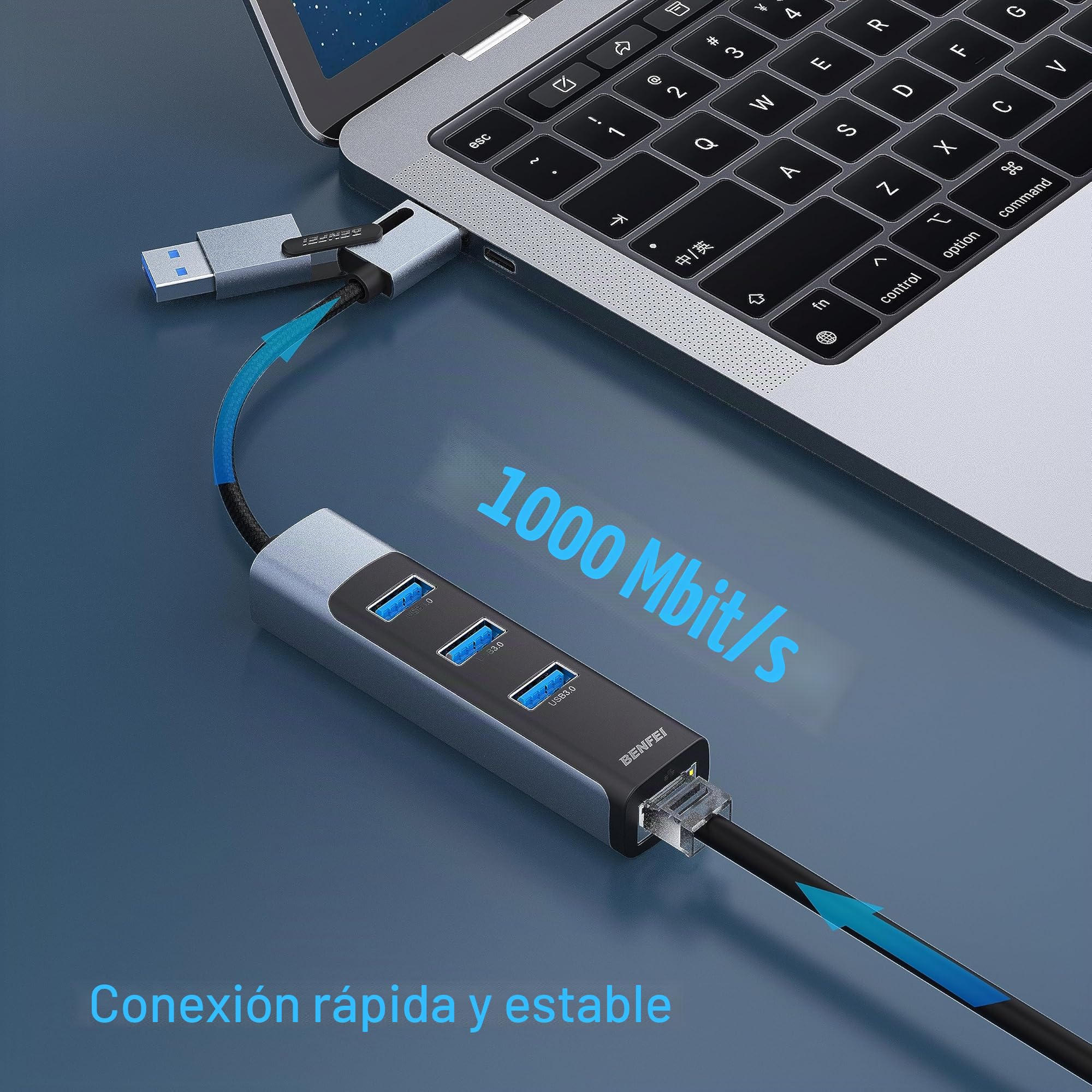 BENFEI Adaptador USB-C/USB 3.0 a Ethernet 2 en 1 con 3 Puertos USB 3.0 Compatible con iPhone Serie 15, MacBook Pro/Air 2023/2022/2021/2020/2019 y más
