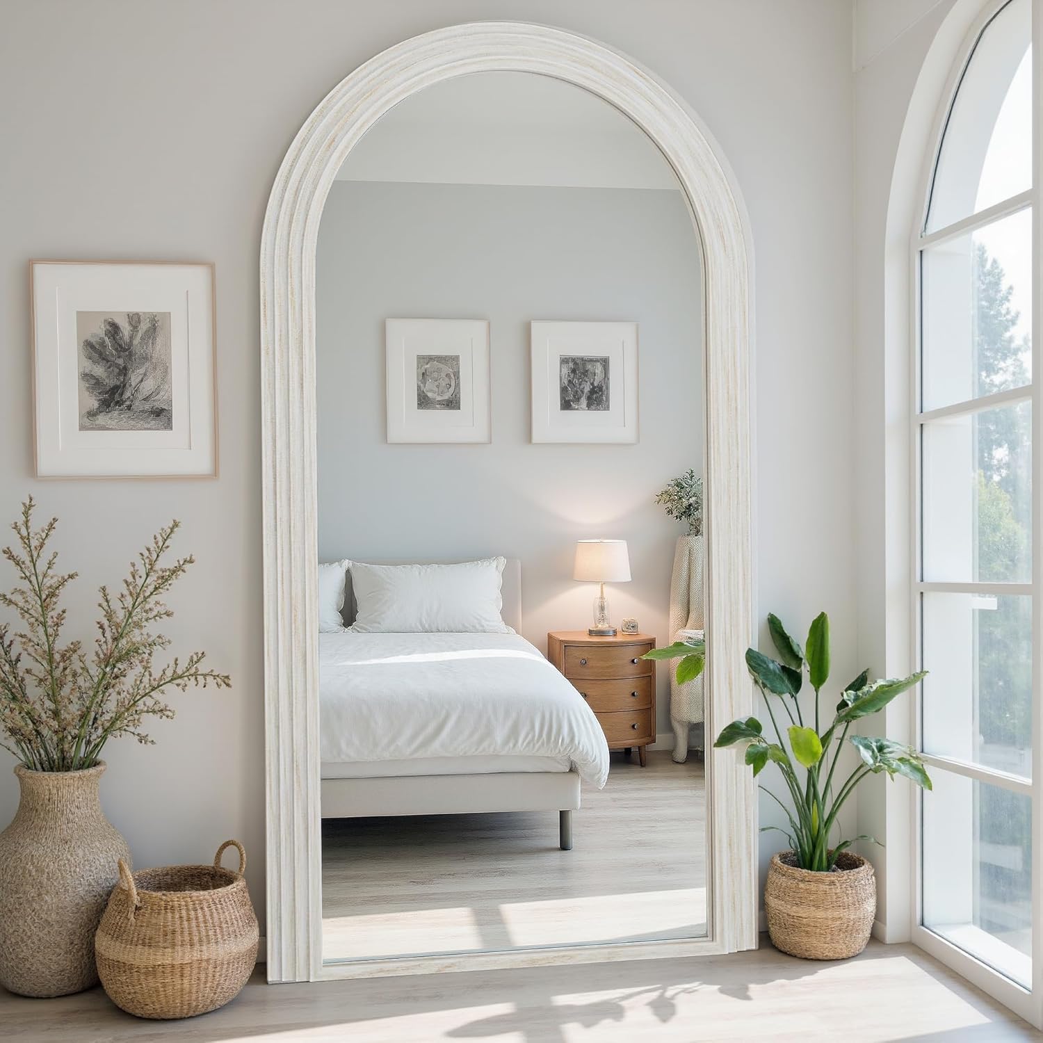 Antok Full Length Mirror 76"×41" Floor Mirror Standing Tall Mirror, Arched Stand up Large Wall Mirrors, Freestanding Full Body Mirrors for Bedroom Living Room Wood Vintage Style White - Image 3