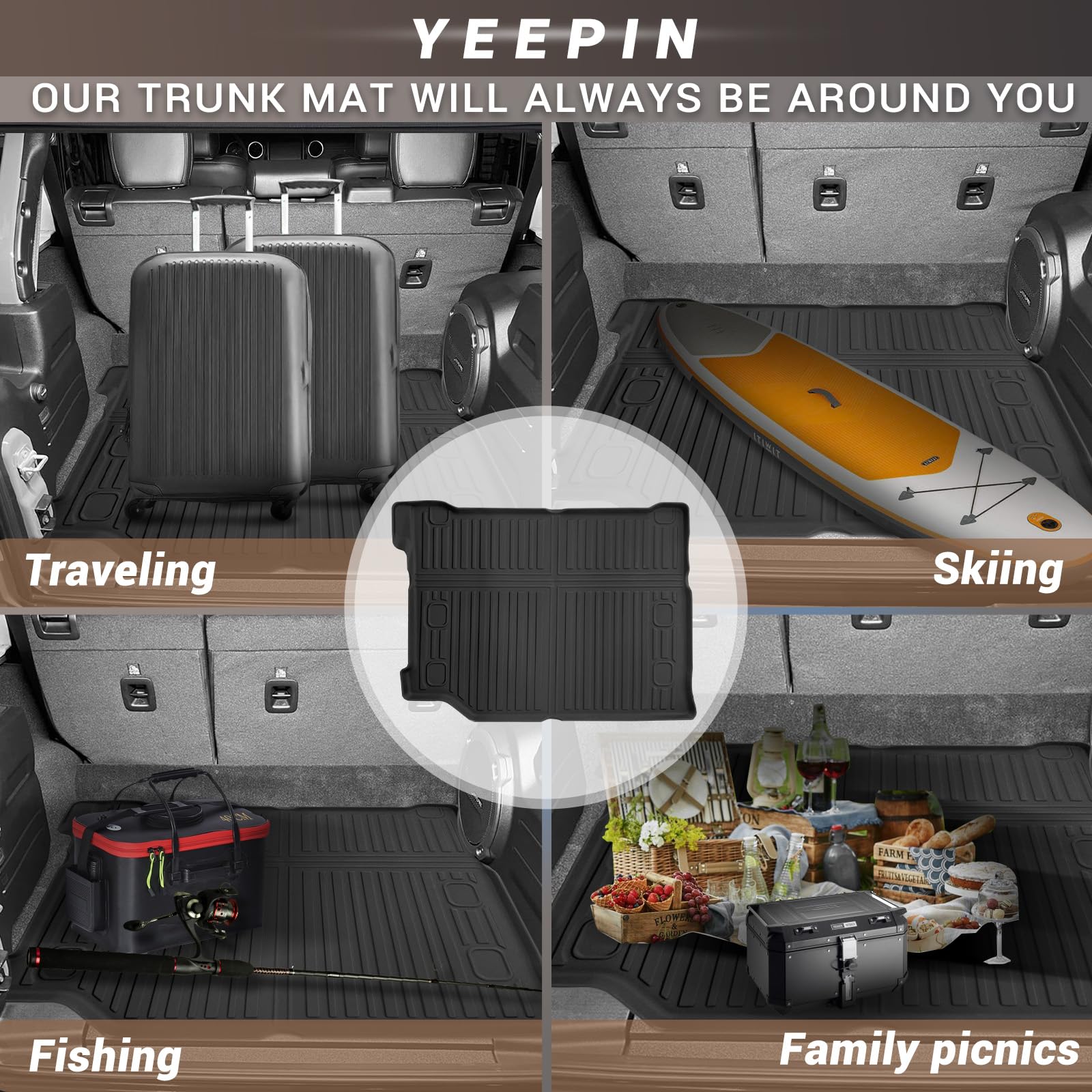 YEE PIN Mata do bagażnika kompatybilna z Jeep Wrangler JL 4XE 2021-2023 2024, do bagażnika z audio, gumowa mata do bagażnika, TPE, mata gumowa, wysoka krawędź, organizer antypoślizgowy
