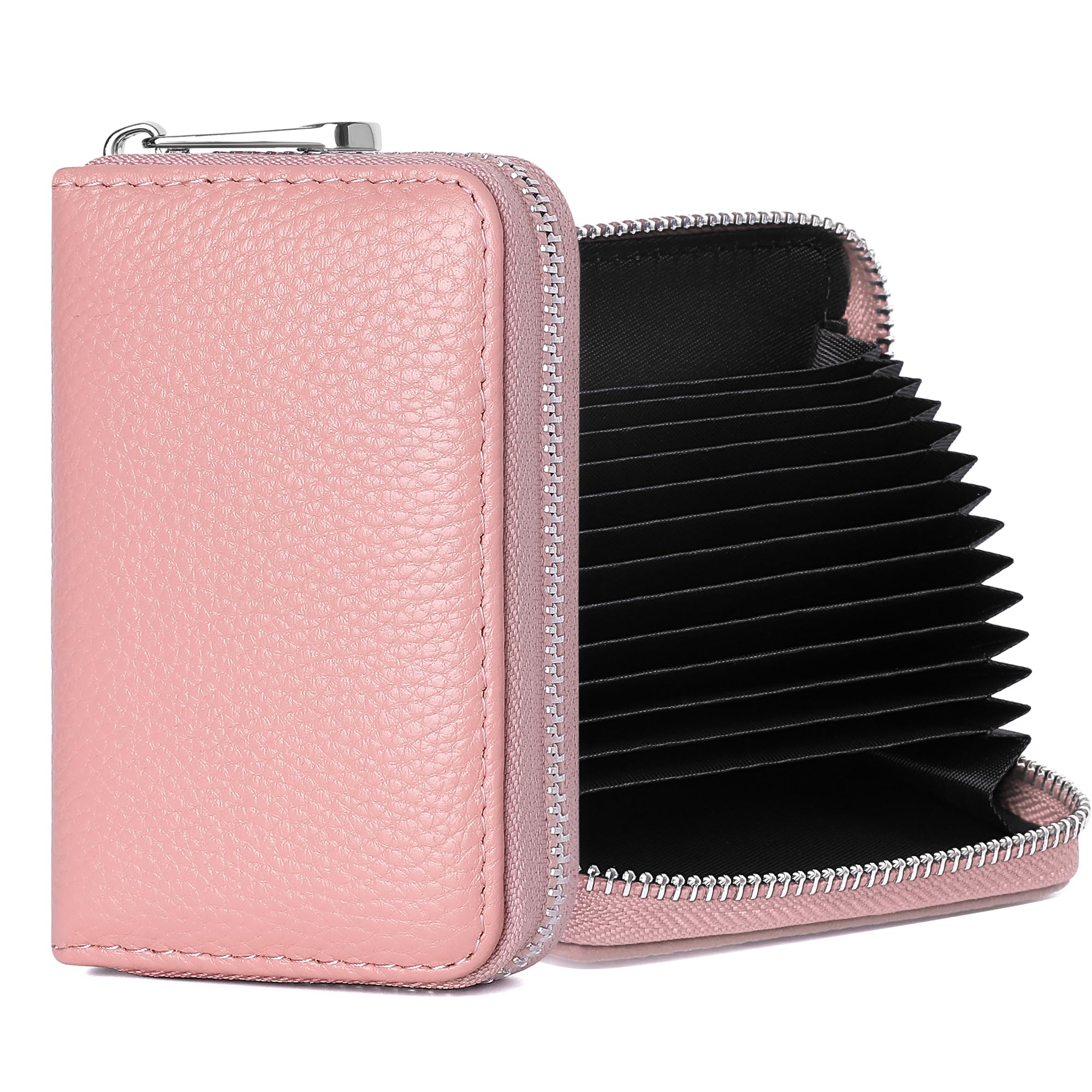 FEITH&FELLY Genuine Leather Credit Card Holder RFID Blocking Small Zipper Card Case Accordion Wallet for Women & Men